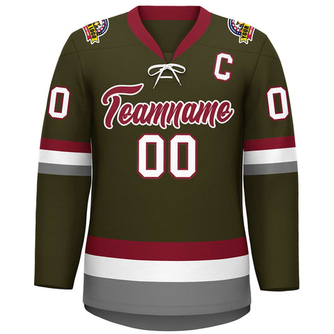 Custom Olive Crimson-White Lace-Up Neck Hockey Jersey