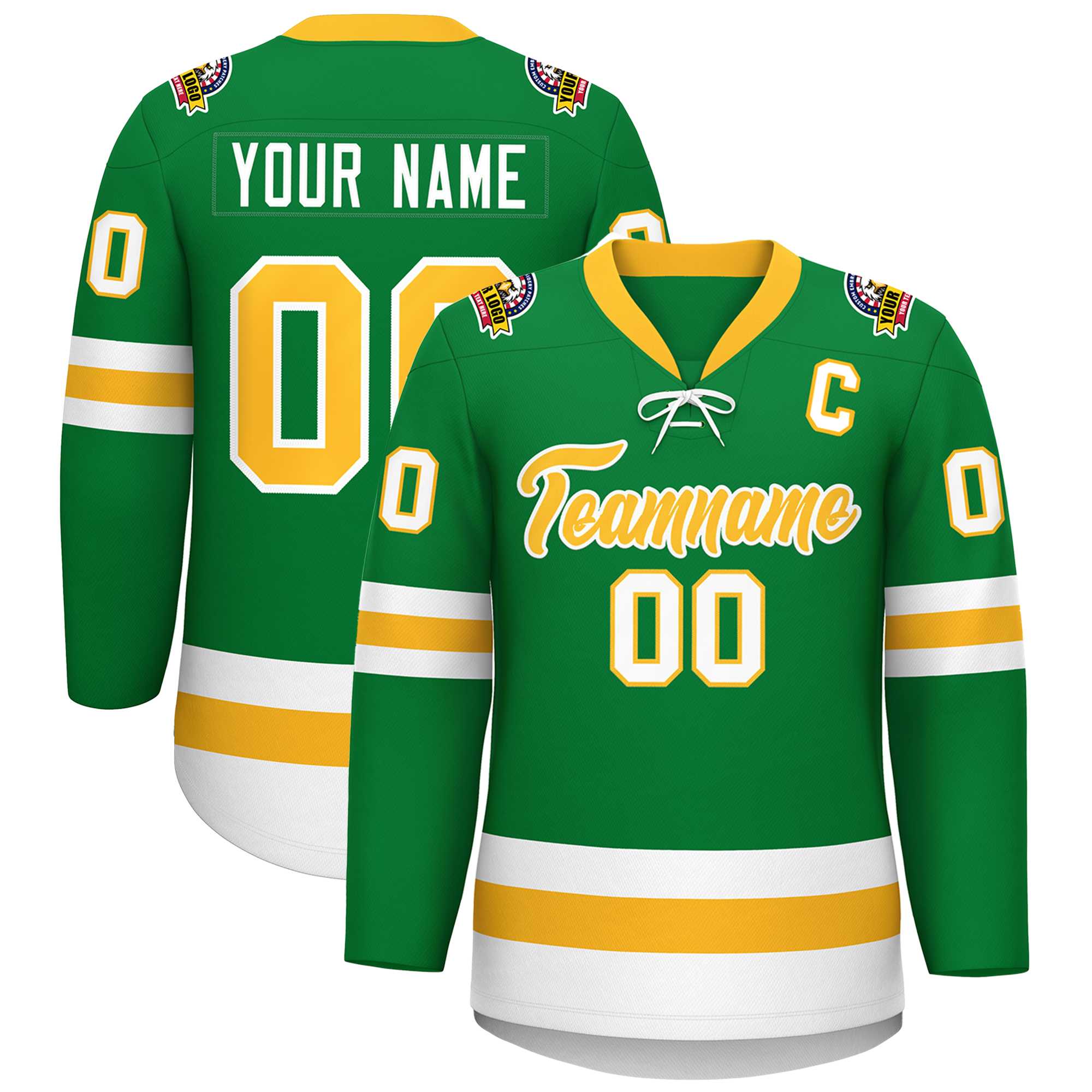 Custom Kelly Green Gold-White Lace-Up Neck Hockey Jersey