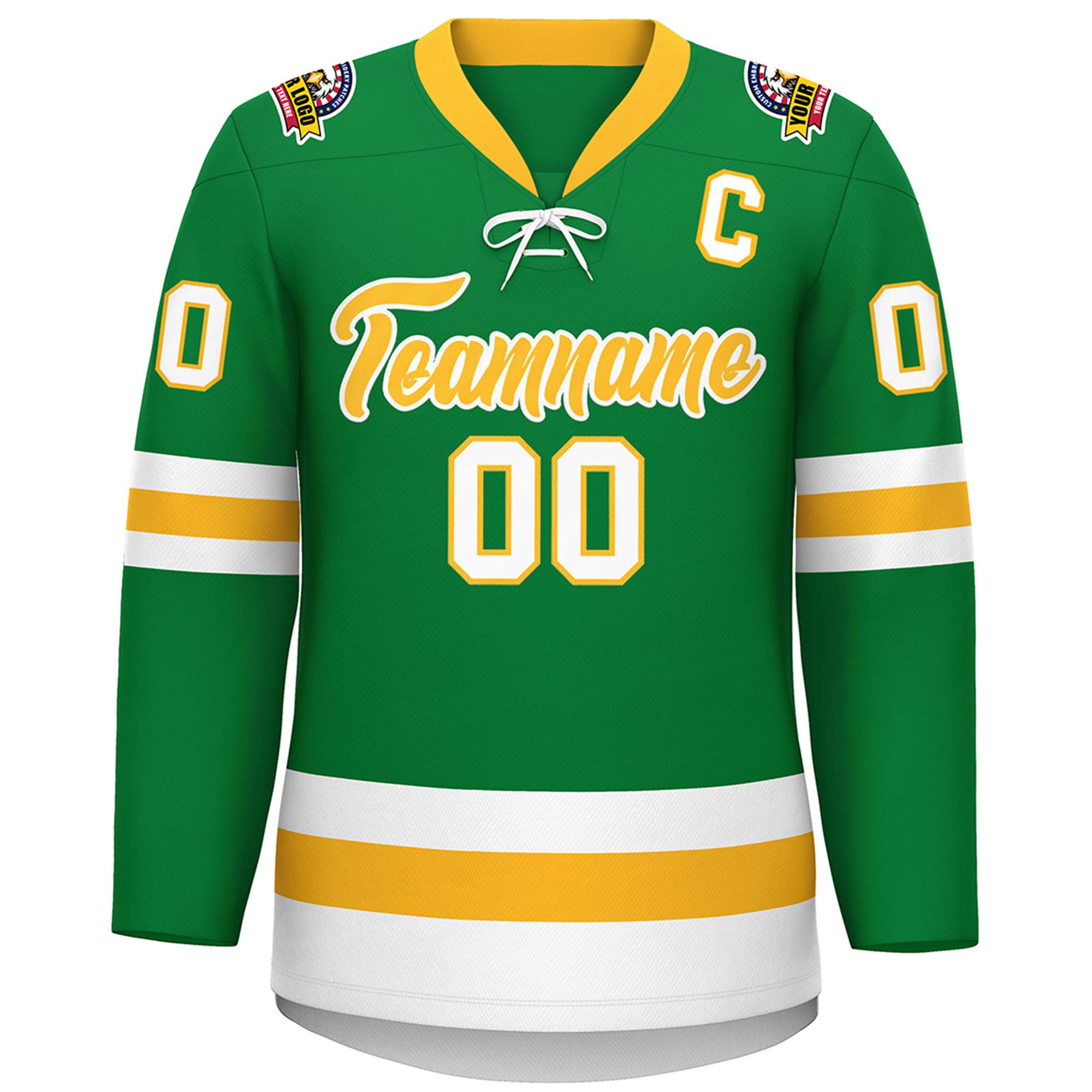 Custom Kelly Green Gold-White Lace-Up Neck Hockey Jersey