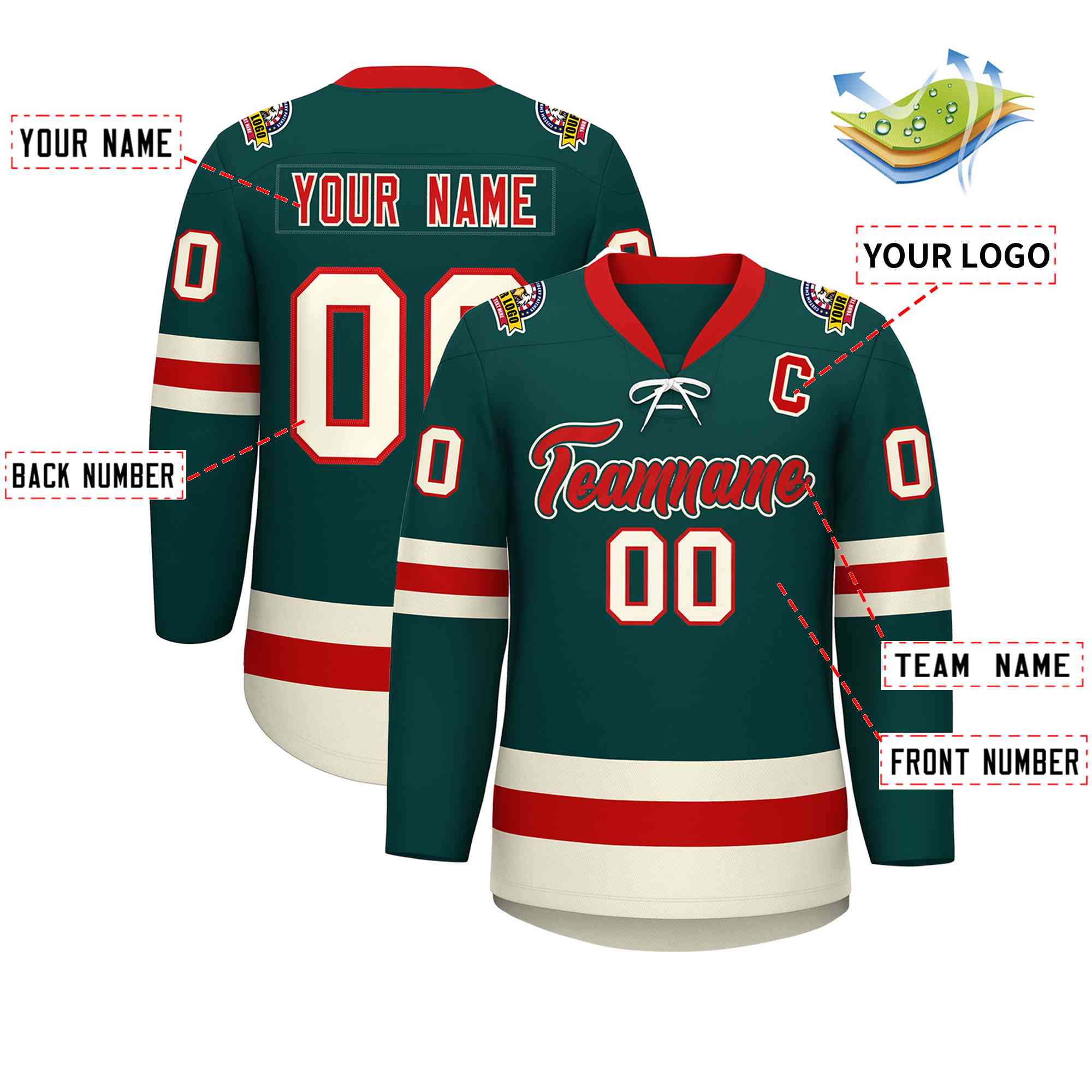 Custom Midnight Green Red-Cream Lace-Up Neck Hockey Jersey