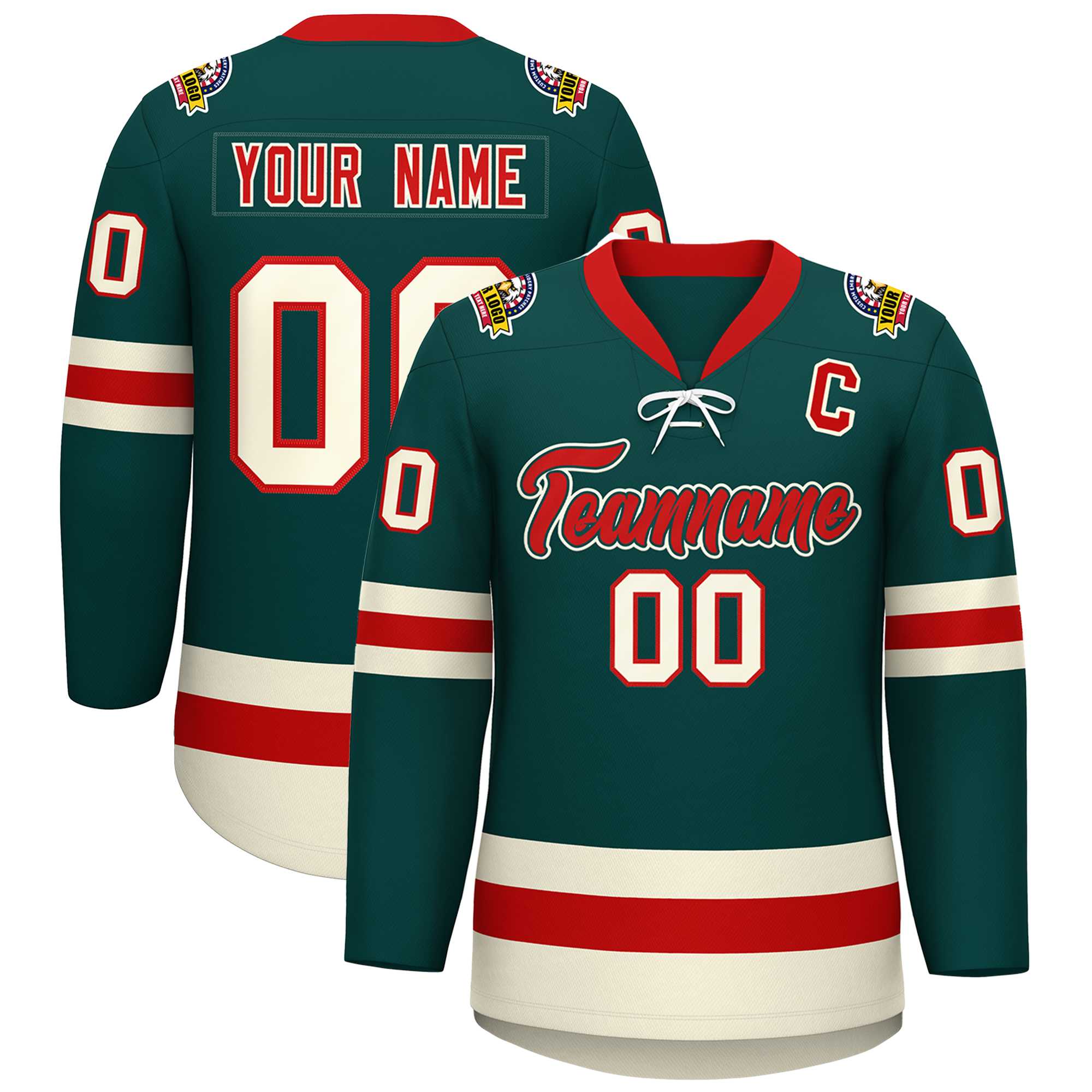 Custom Midnight Green Red-Cream Lace-Up Neck Hockey Jersey