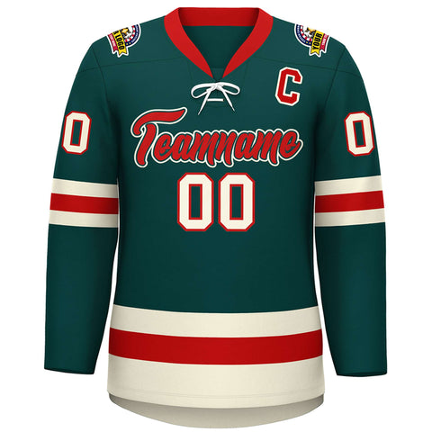Custom Midnight Green Red-Cream Lace-Up Neck Hockey Jersey