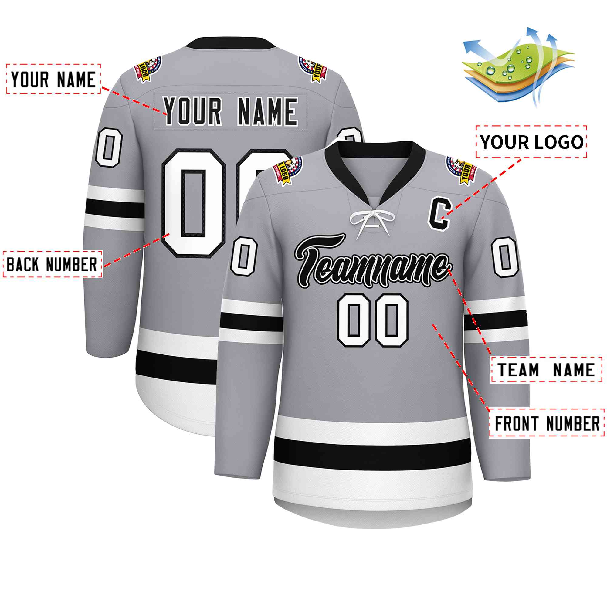 Custom Gray Black-White Lace-Up Neck Hockey Jersey