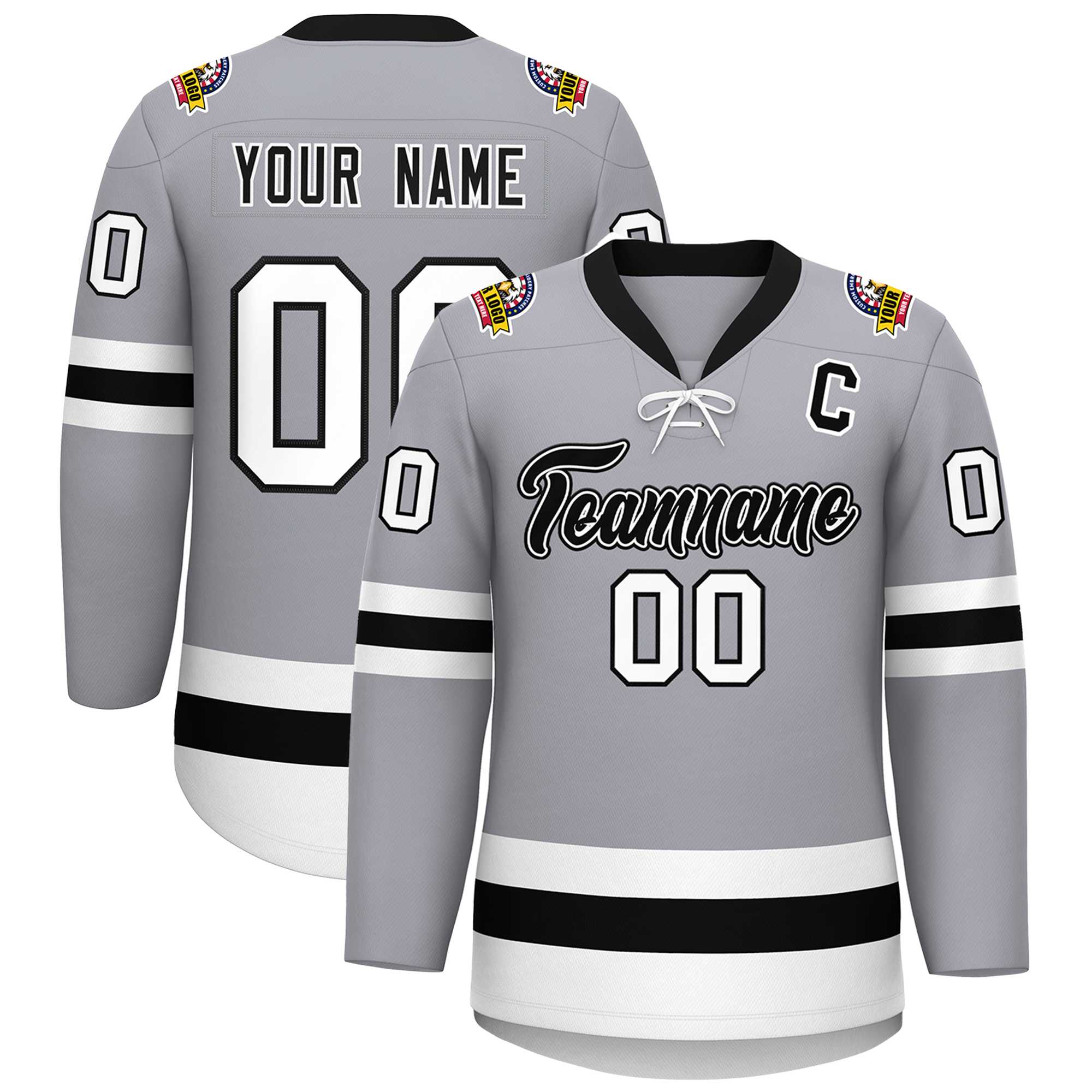 Custom Gray Black-White Lace-Up Neck Hockey Jersey