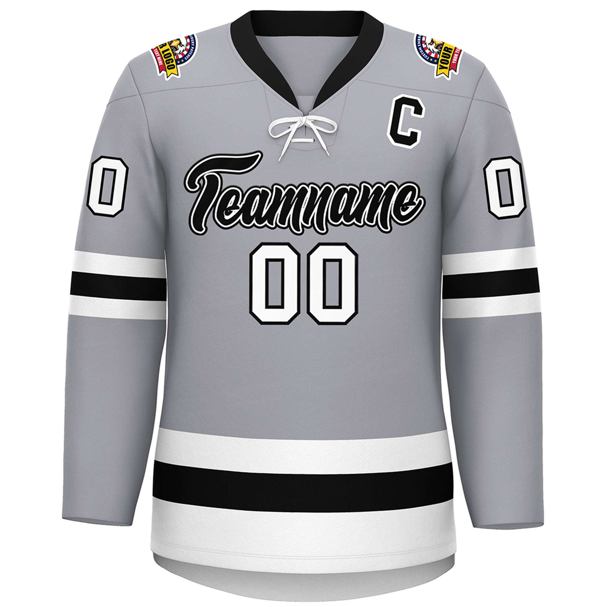 Custom Gray Black-White Lace-Up Neck Hockey Jersey