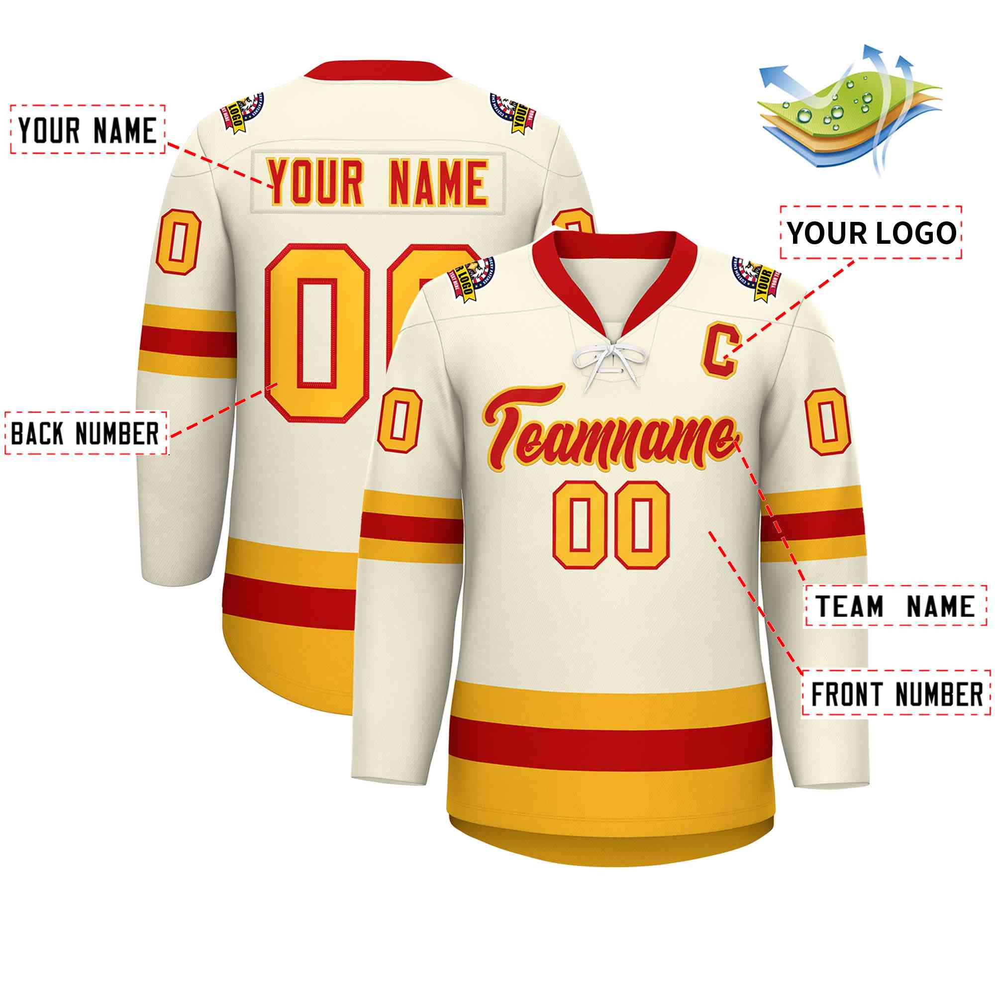 Custom Cream Red-Gold Lace-Up Neck Hockey Jersey