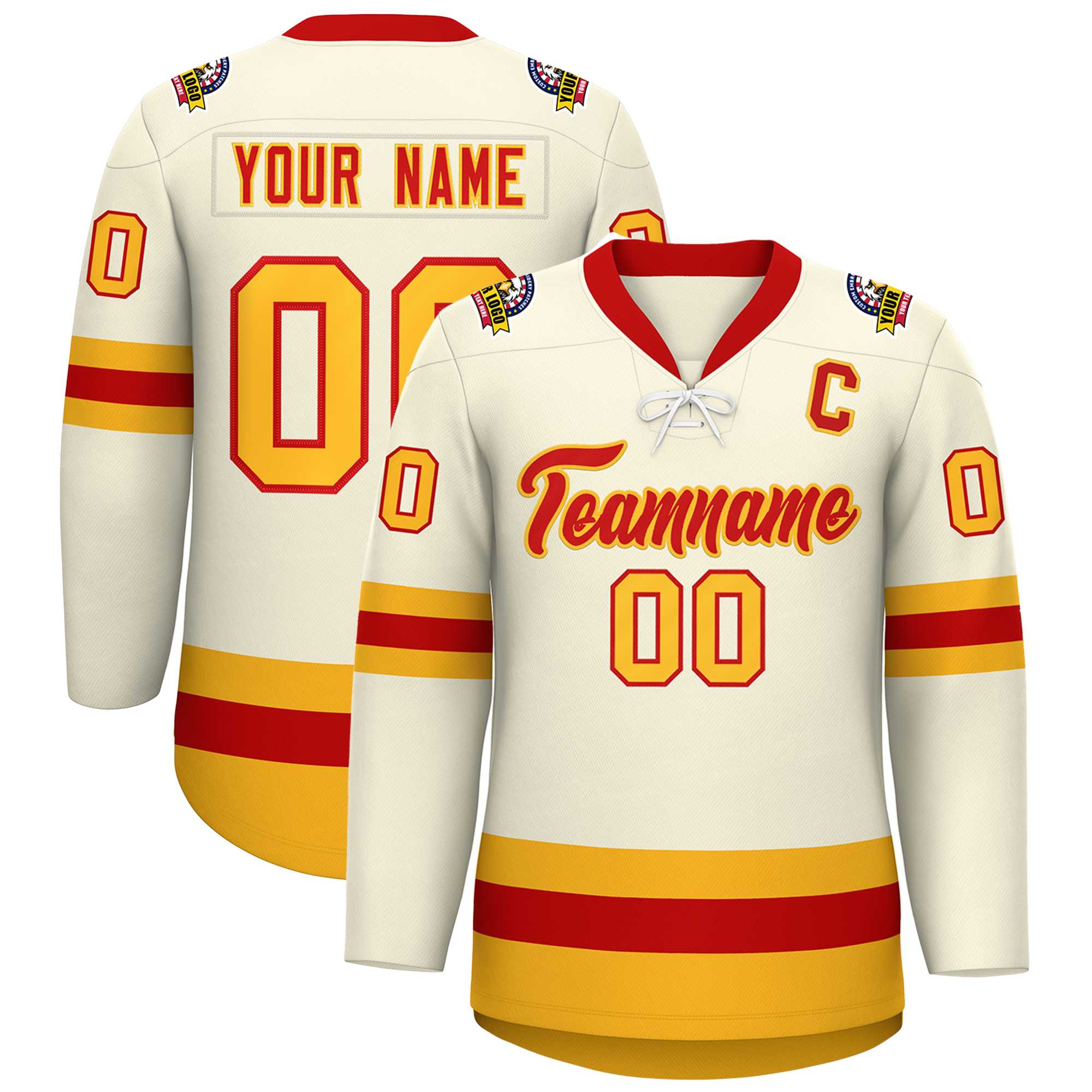 Custom Cream Red-Gold Lace-Up Neck Hockey Jersey