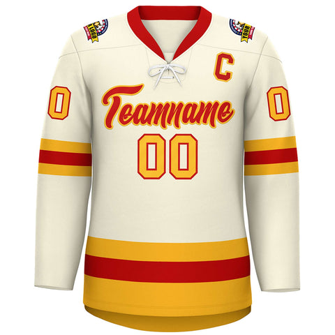 Custom Cream Red-Gold Lace-Up Neck Hockey Jersey