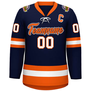 Custom Navy Orange-White Lace-Up Neck Hockey Jersey