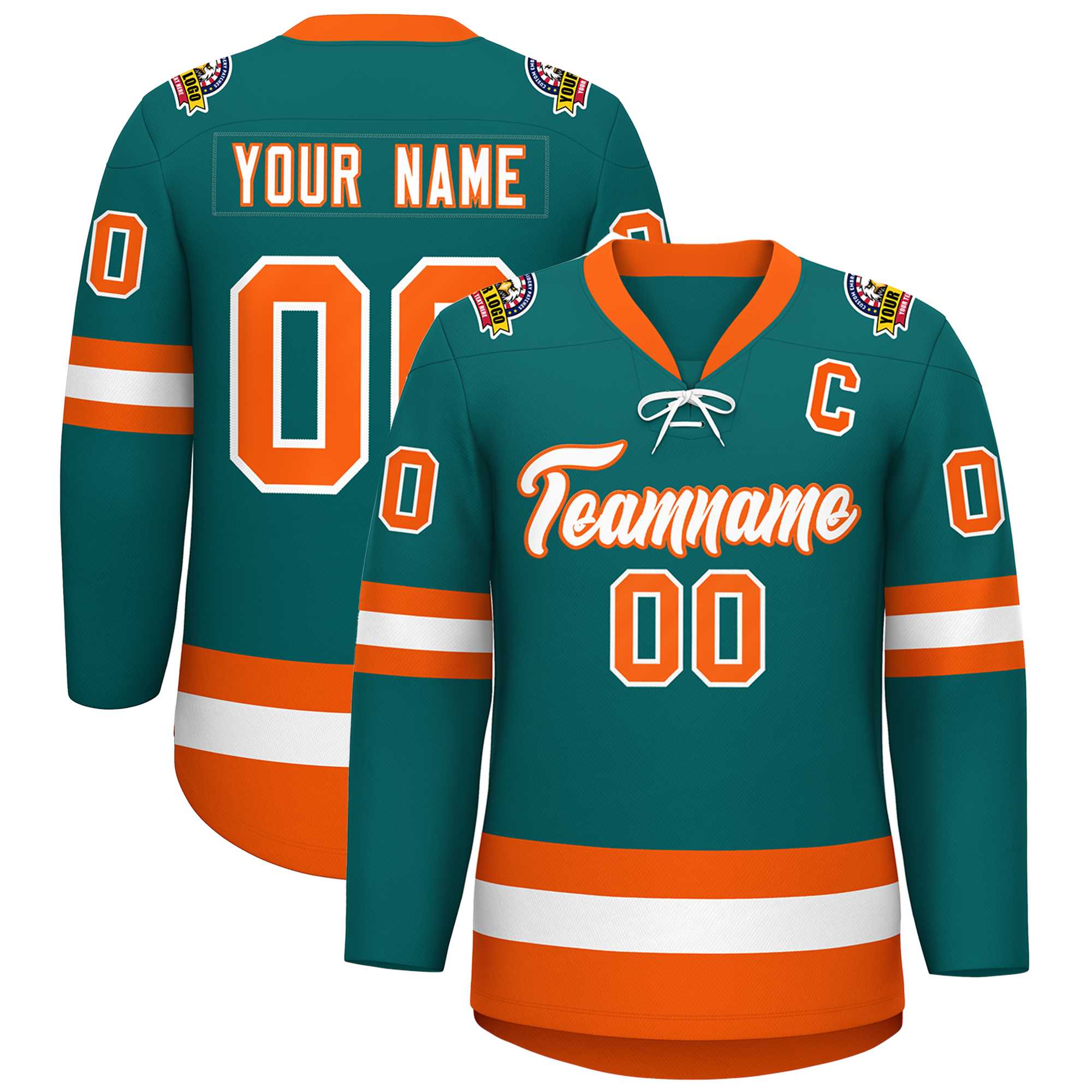 Custom Aqua White-Orange Lace-Up Neck Hockey Jersey