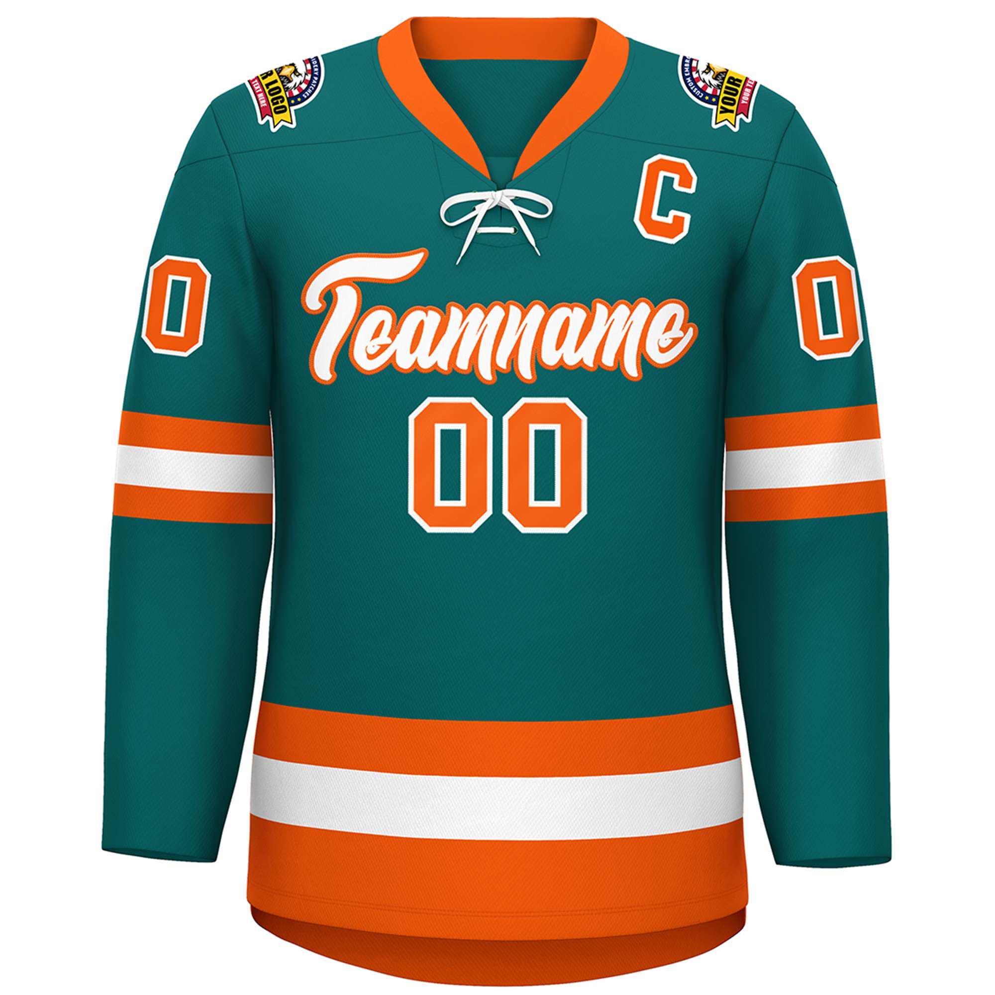 Custom Aqua White-Orange Lace-Up Neck Hockey Jersey