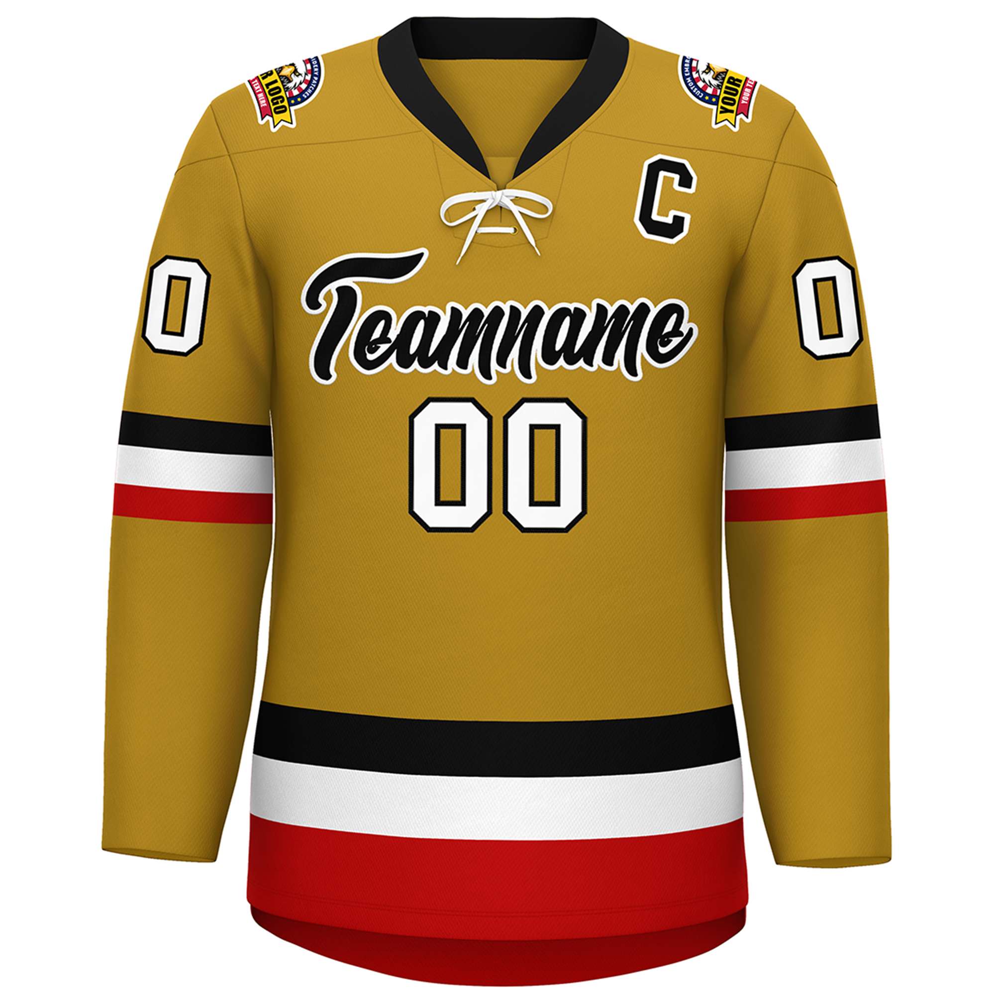 Custom Old Gold Black-White Lace-Up Neck Hockey Jersey