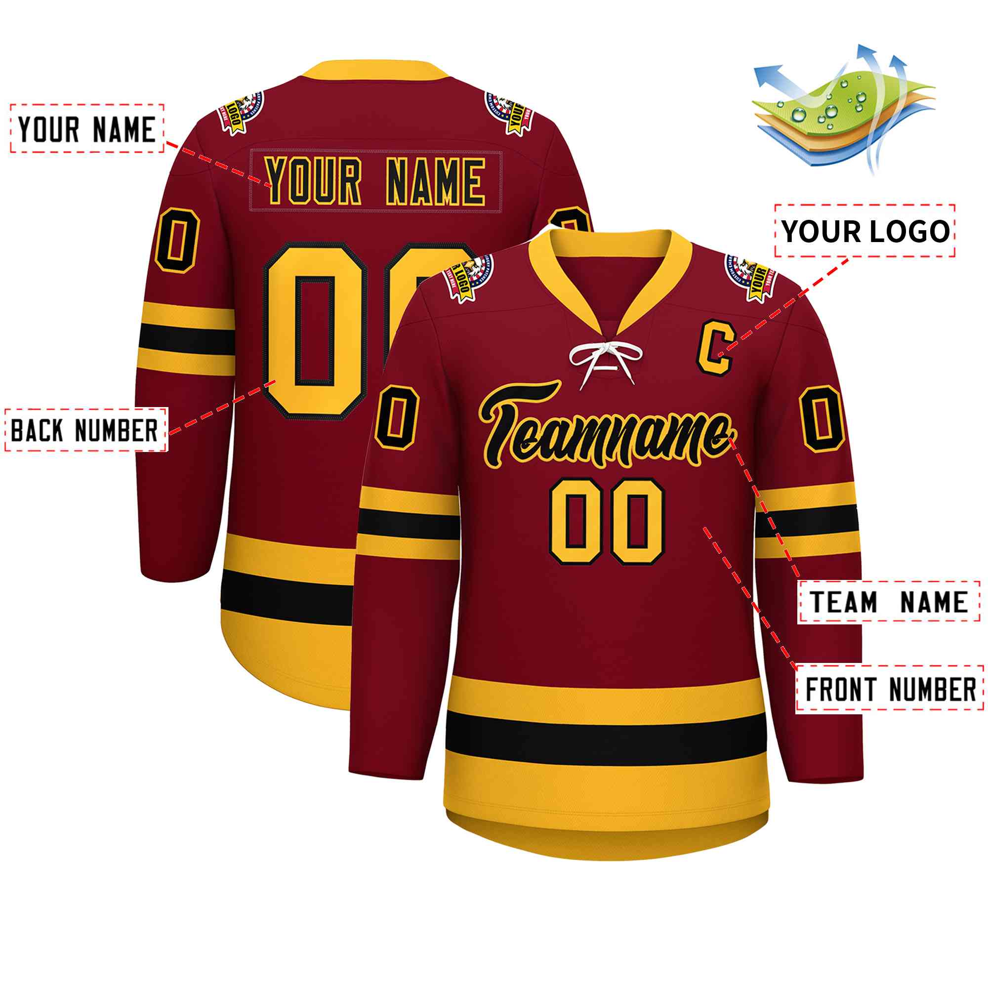 Custom Crimson Black-Gold Lace-Up Neck Hockey Jersey