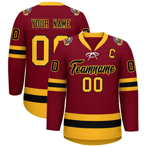 Custom Crimson Black-Gold Lace-Up Neck Hockey Jersey