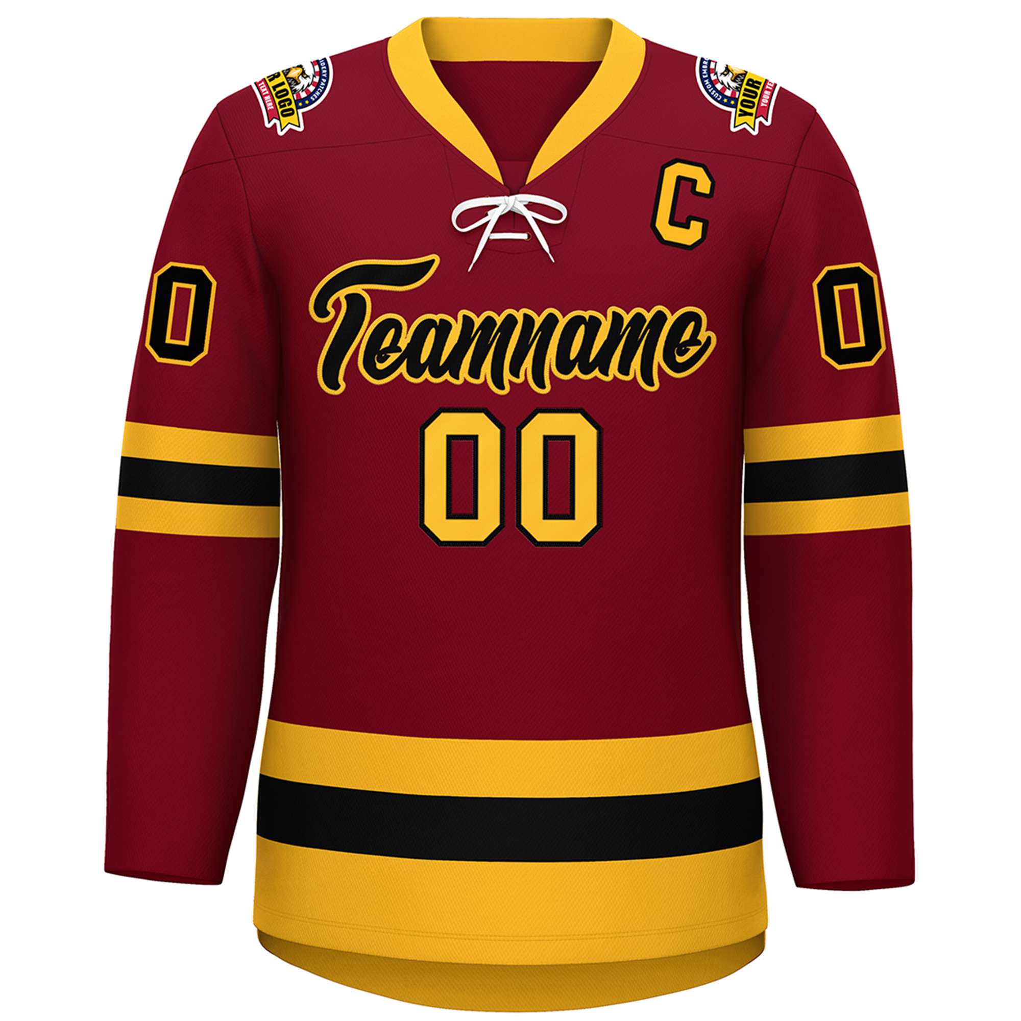 Custom Crimson Black-Gold Lace-Up Neck Hockey Jersey