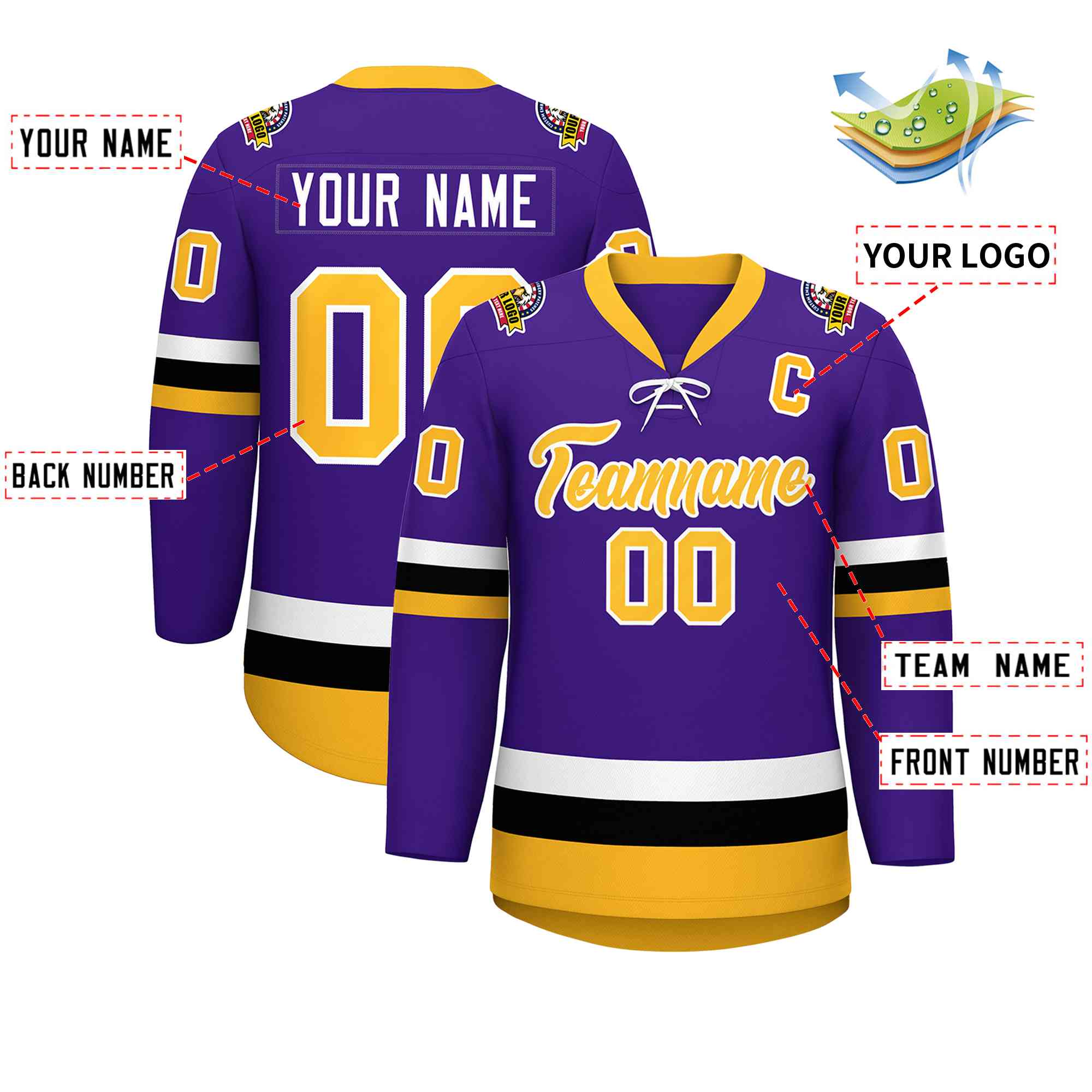 Custom Purple Gold-White Lace-Up Neck Hockey Jersey