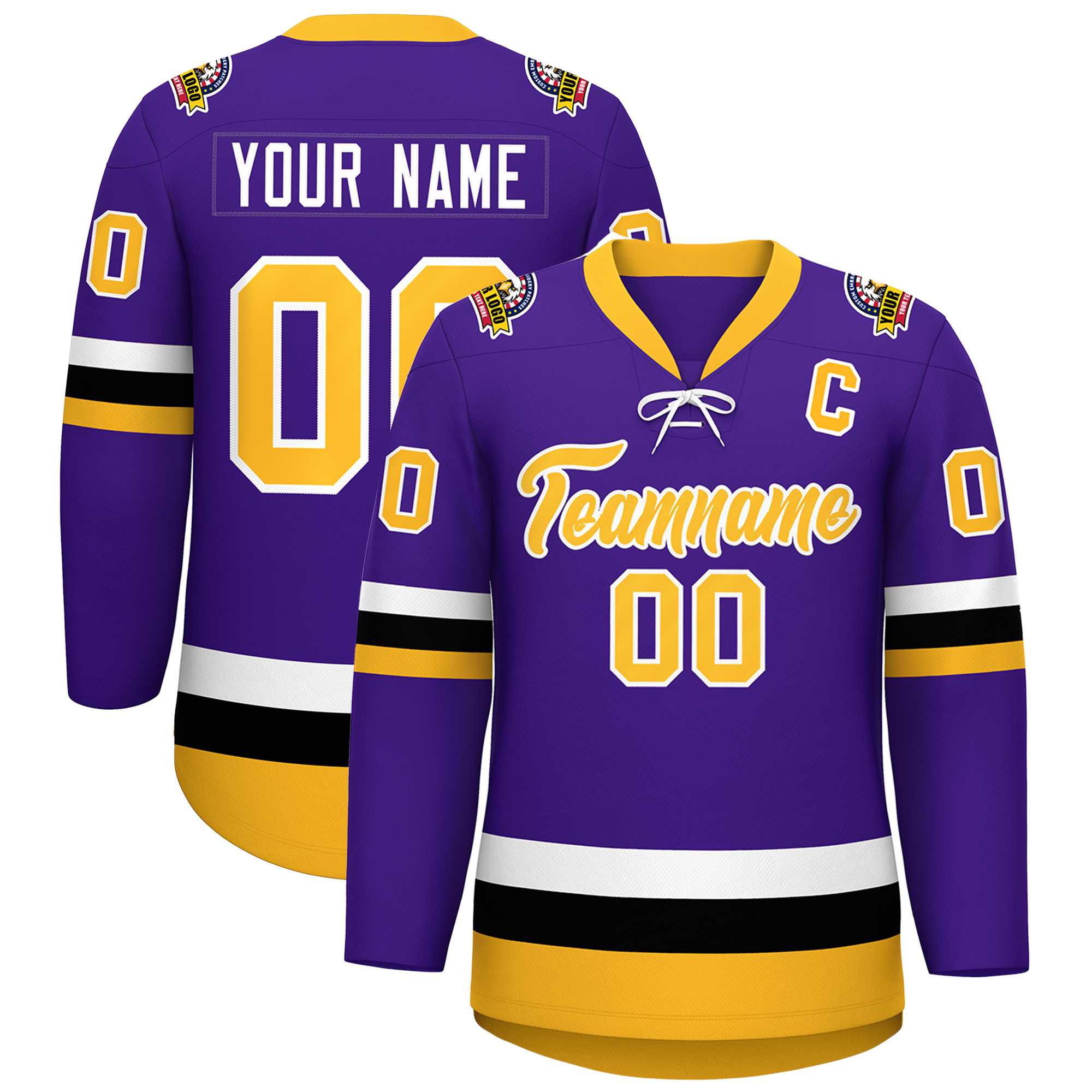 Custom Purple Gold-White Lace-Up Neck Hockey Jersey