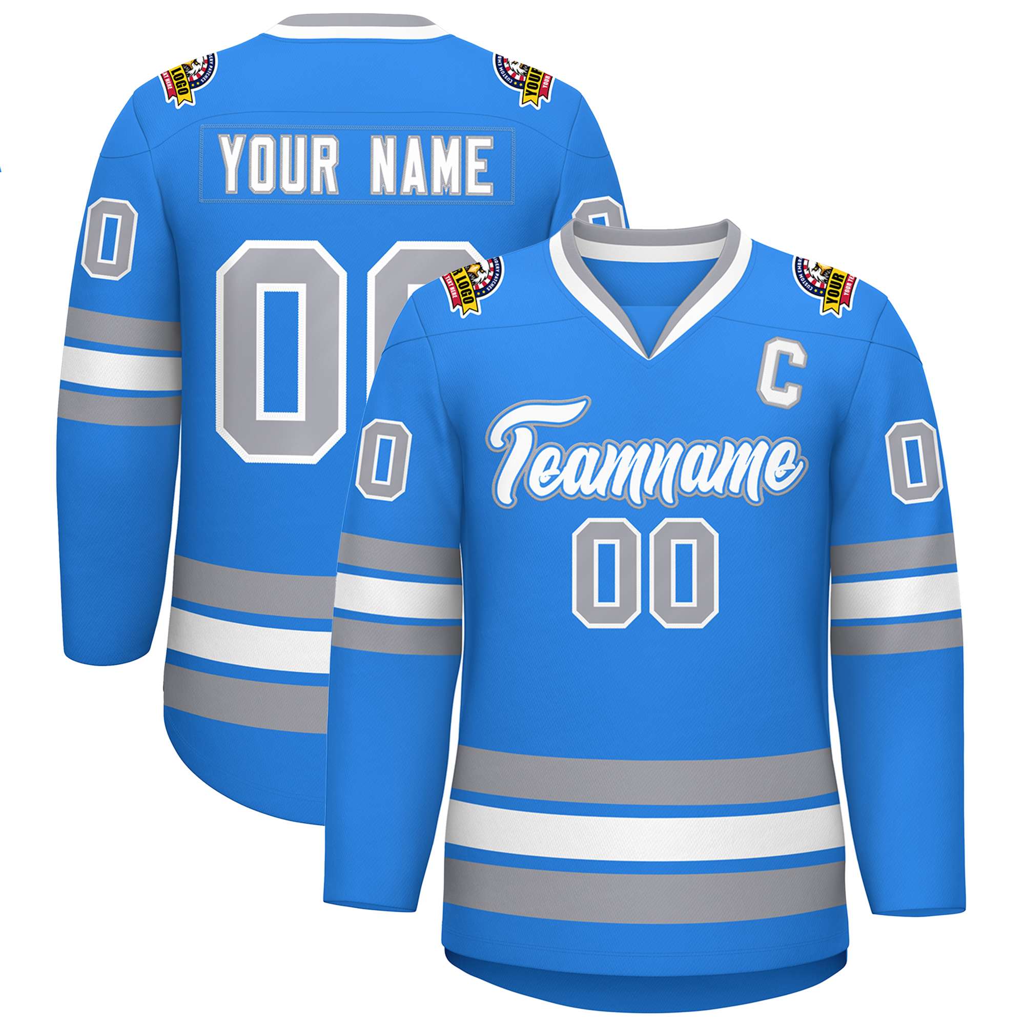 Custom Powder Blue White Powder Blue-Gray Classic Style Hockey Jersey