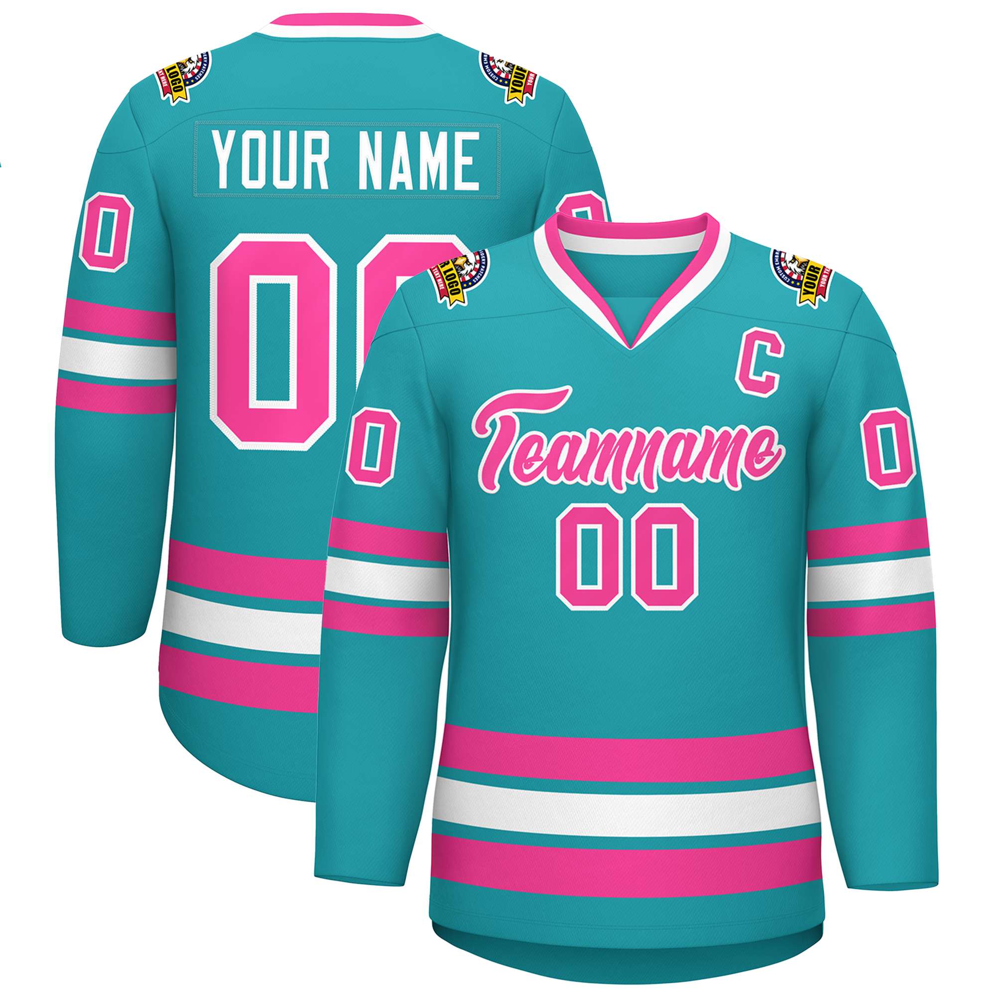 Maillot de hockey de style classique Aqua rose-blanc personnalisé