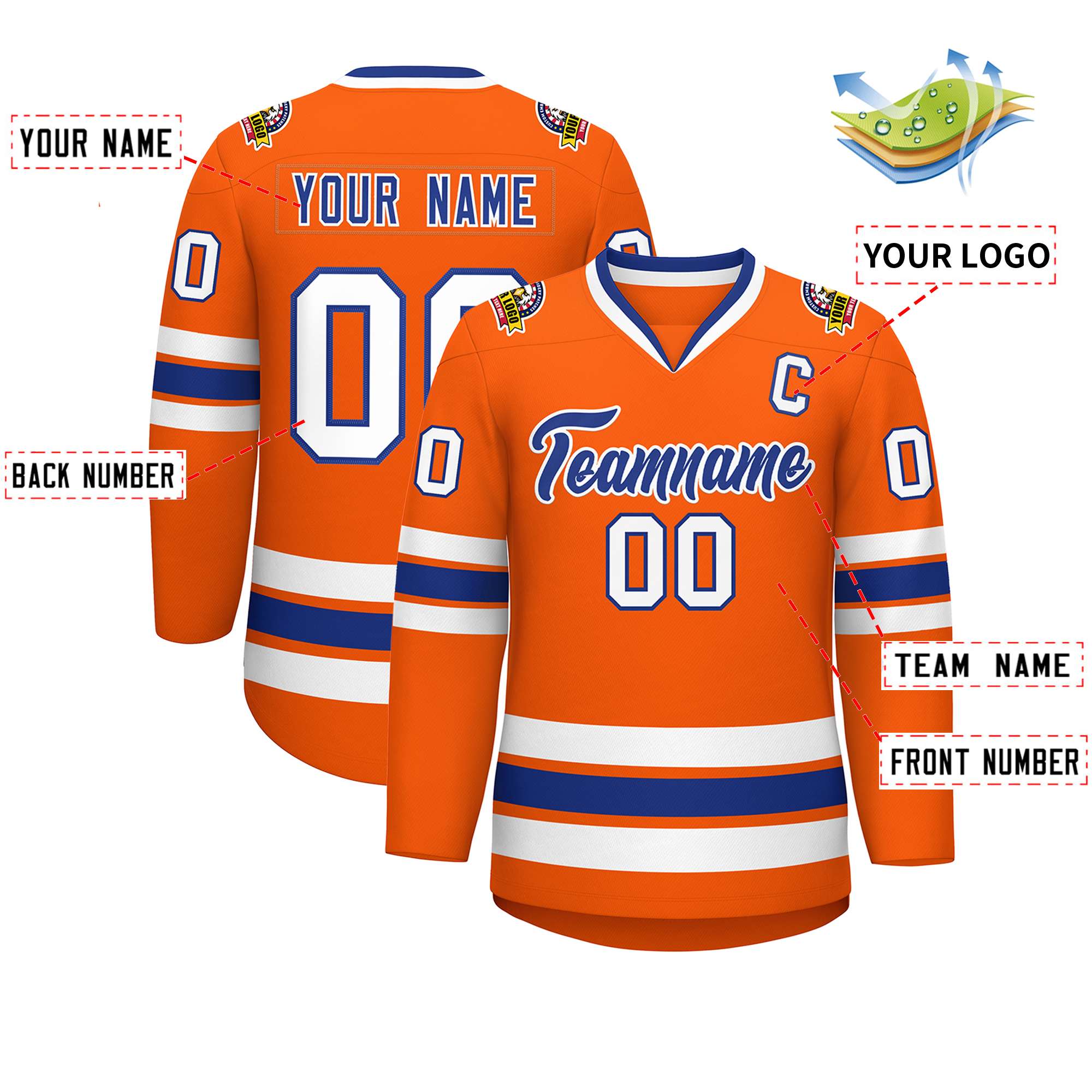 Custom Orange Royal-White Classic Style Hockey Jersey