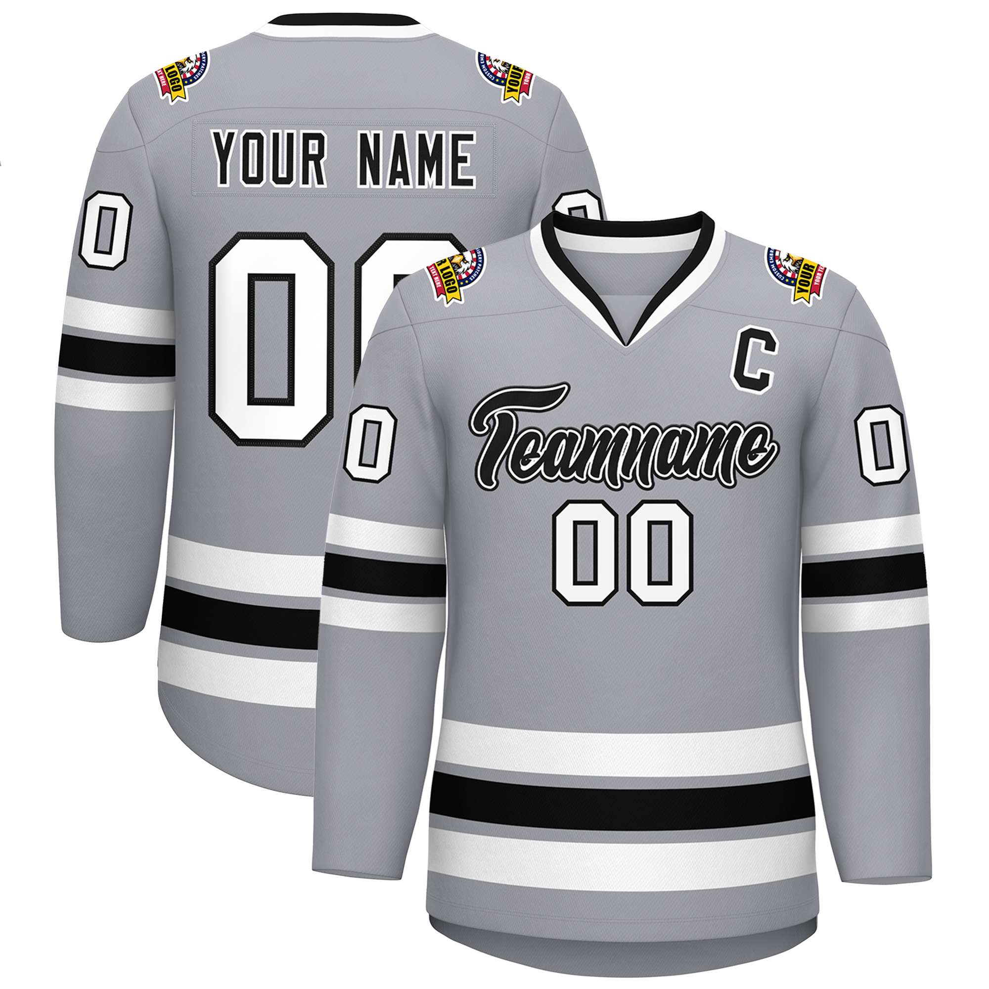 Custom Gray Black White-Black Classic Style Hockey Jersey