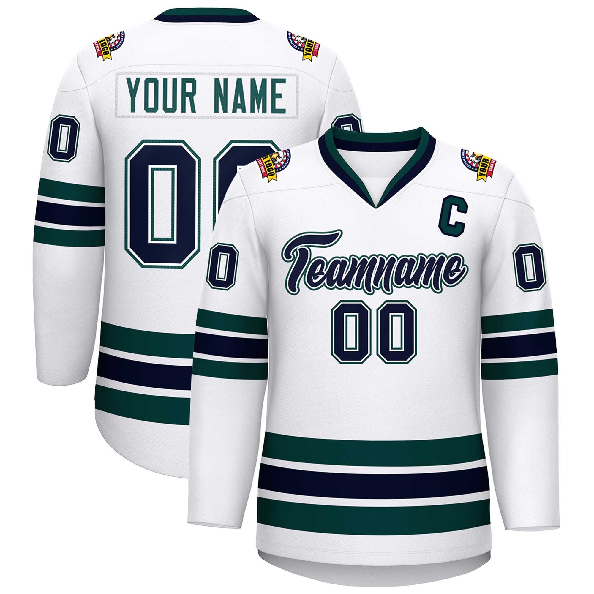 Custom White Navy White-Midnight Green Classic Style Hockey Jersey