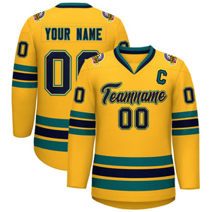 Custom Gold Navy Gold-Aqua Classic Style Hockey Jersey