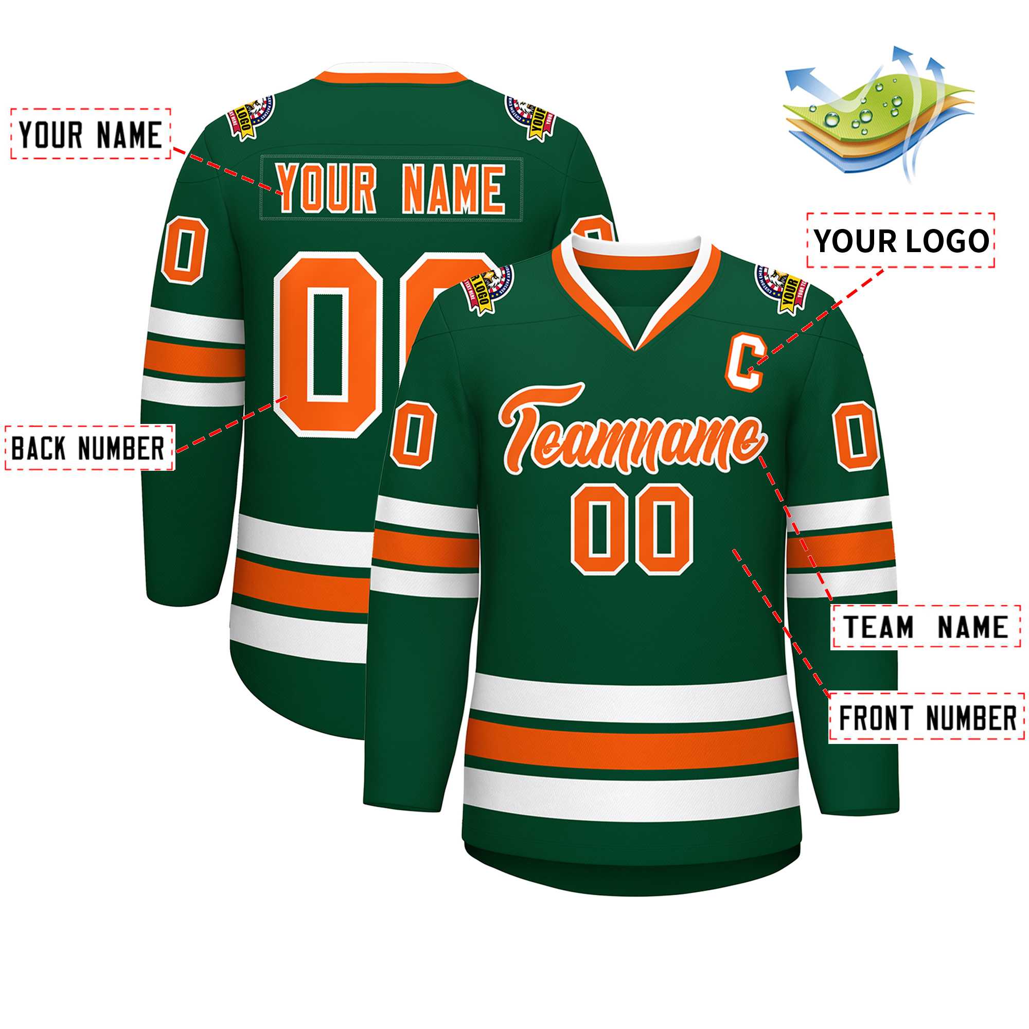 Maillot de hockey de style classique vert orange-blanc personnalisé