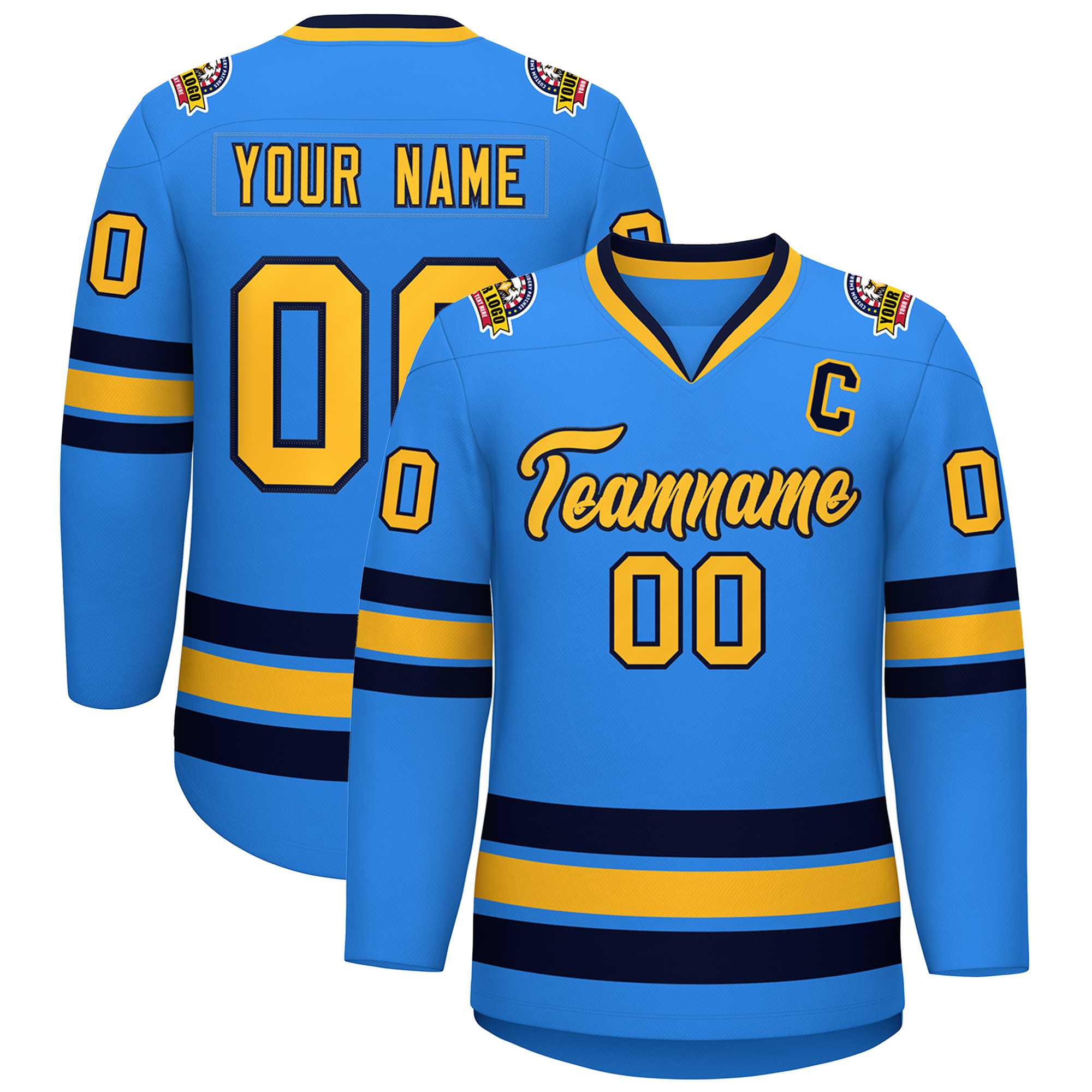 Custom Powder Blue Gold-Navy Classic Style Hockey Jersey