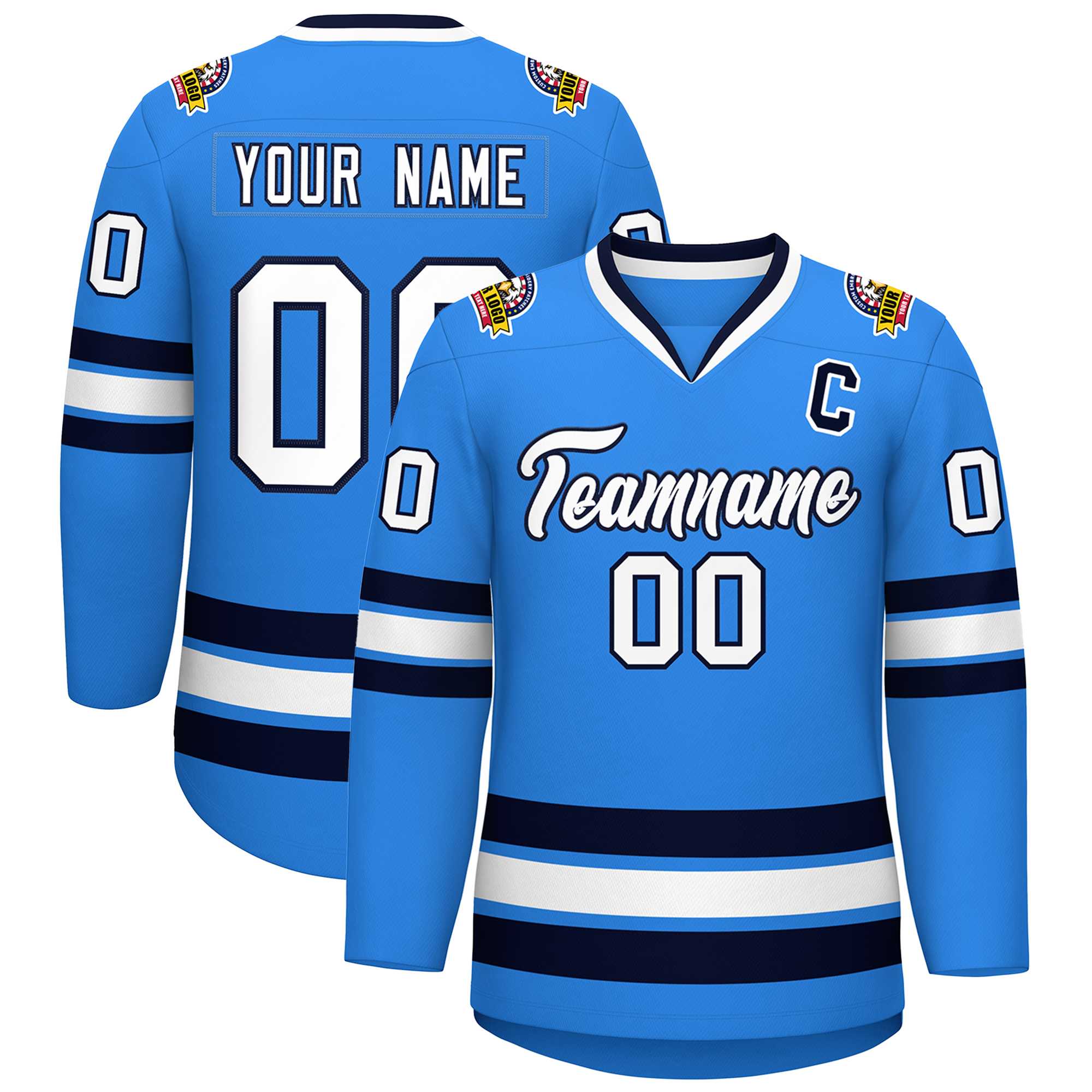 Custom Powder Blue White-Navy Classic Style Hockey Jersey