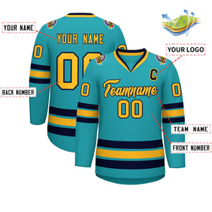 Custom Aqua Gold-Navy Classic Style Hockey Jersey