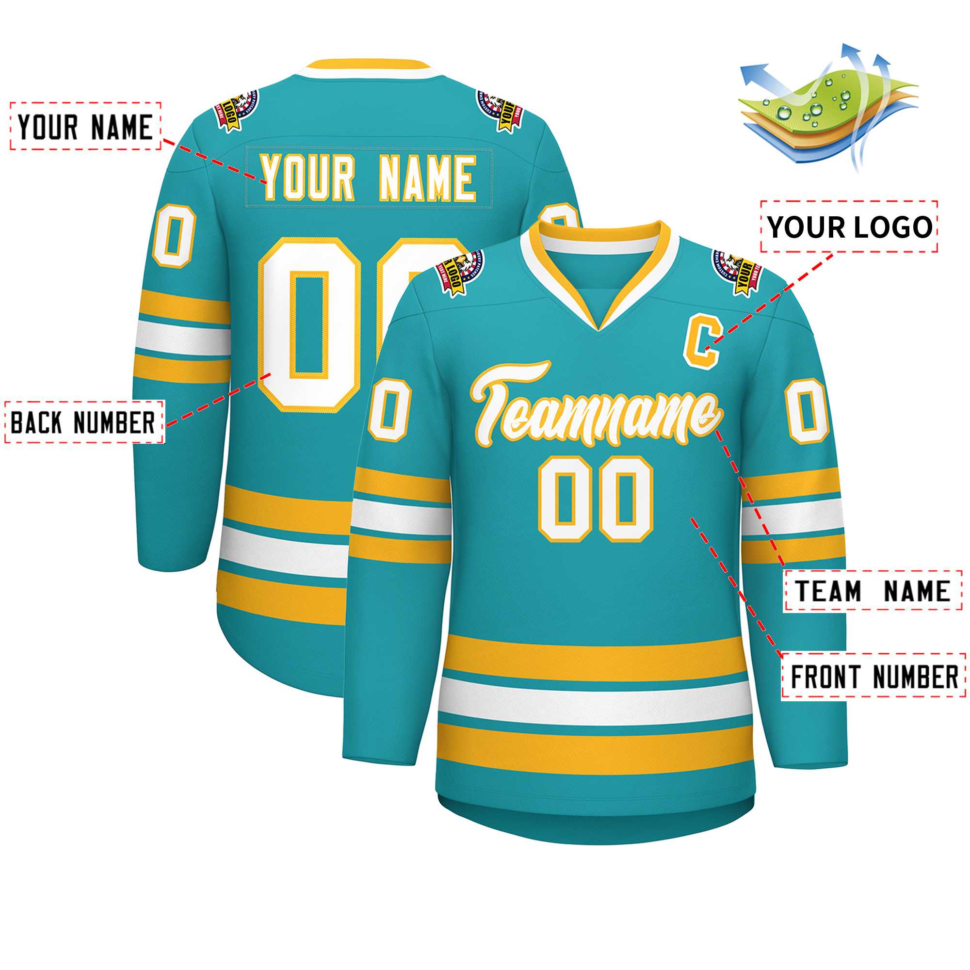 Custom Aqua White-Gold Classic Style Hockey Jersey