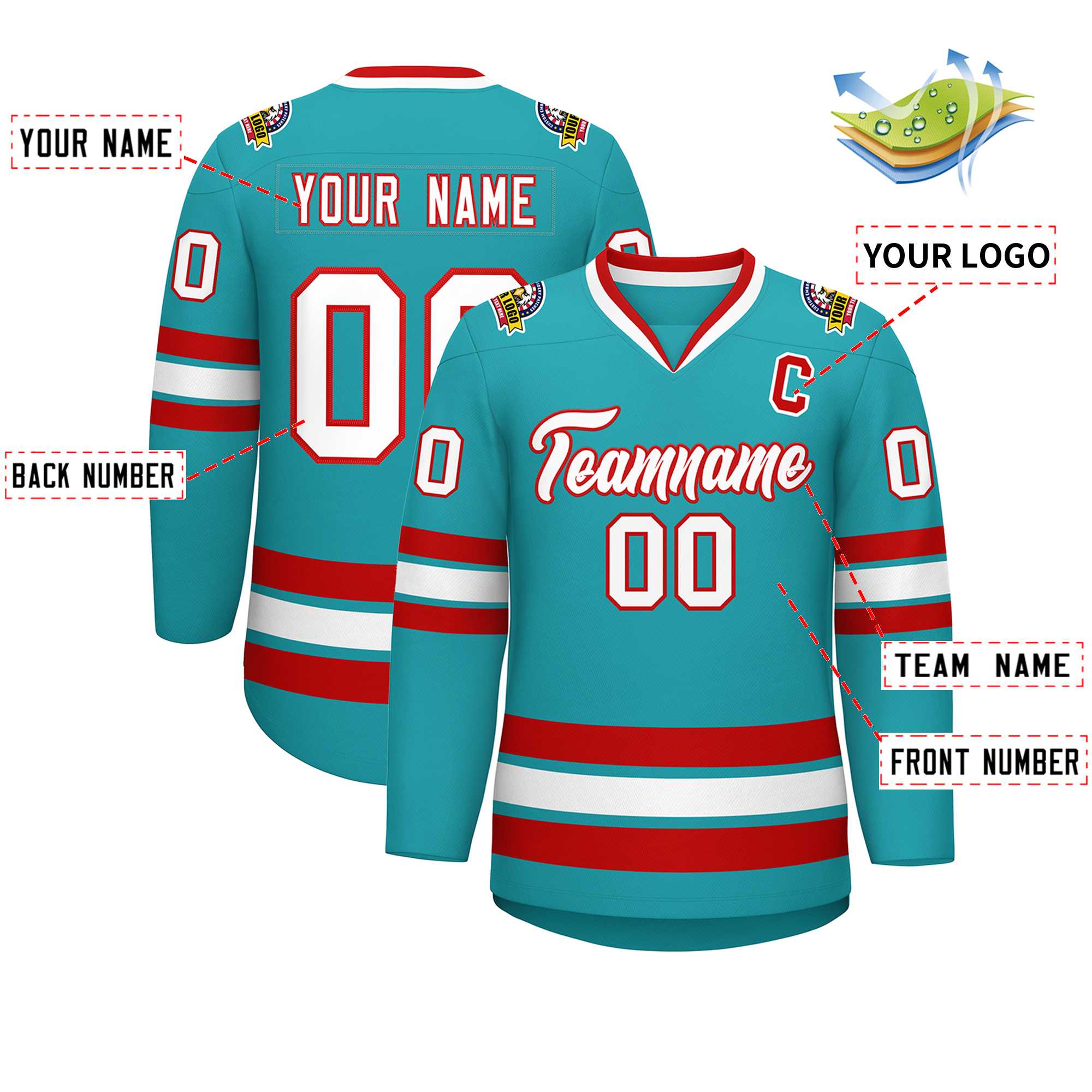 Custom Aqua White-Red Classic Style Hockey Jersey