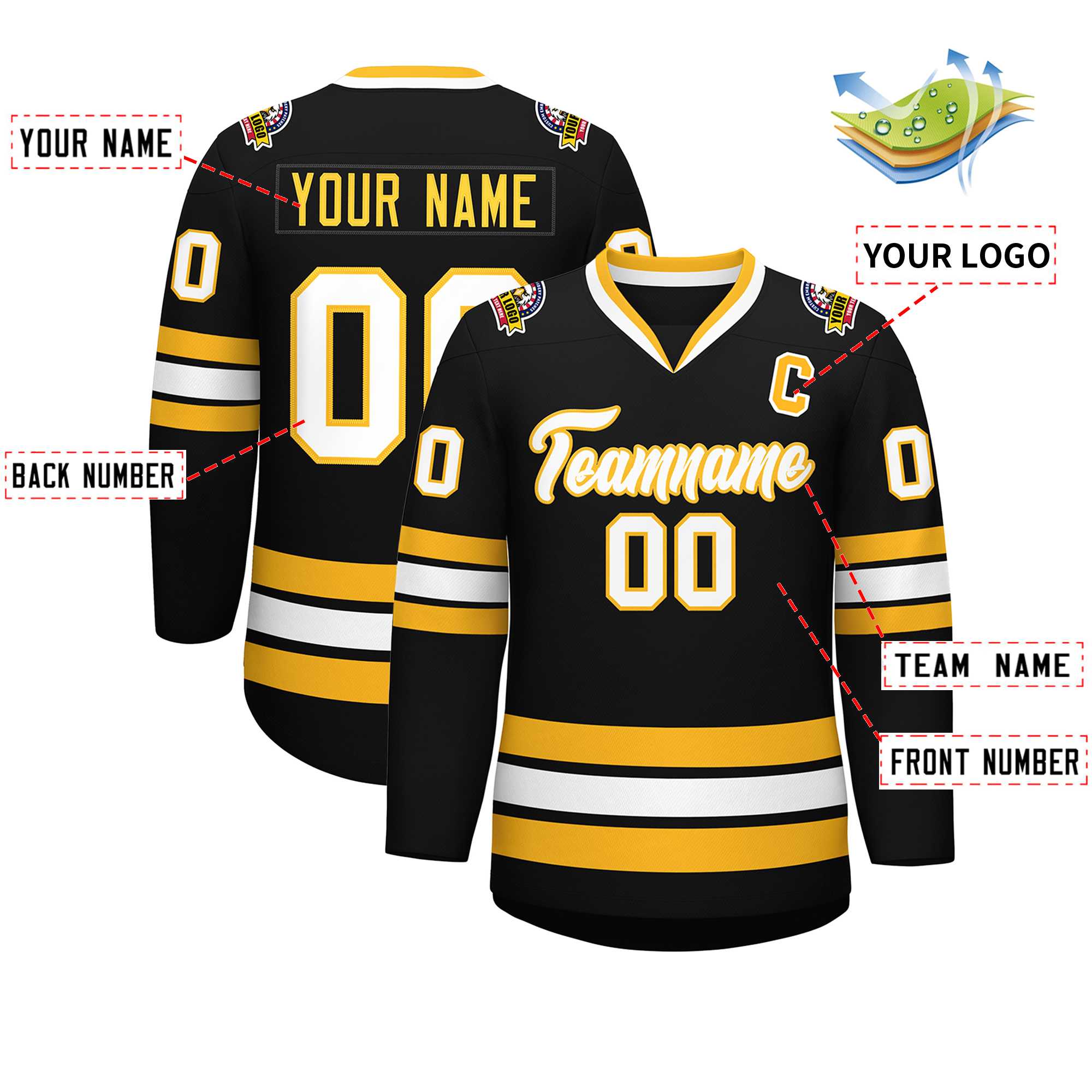 Custom Black White-Gold Classic Style Hockey Jersey