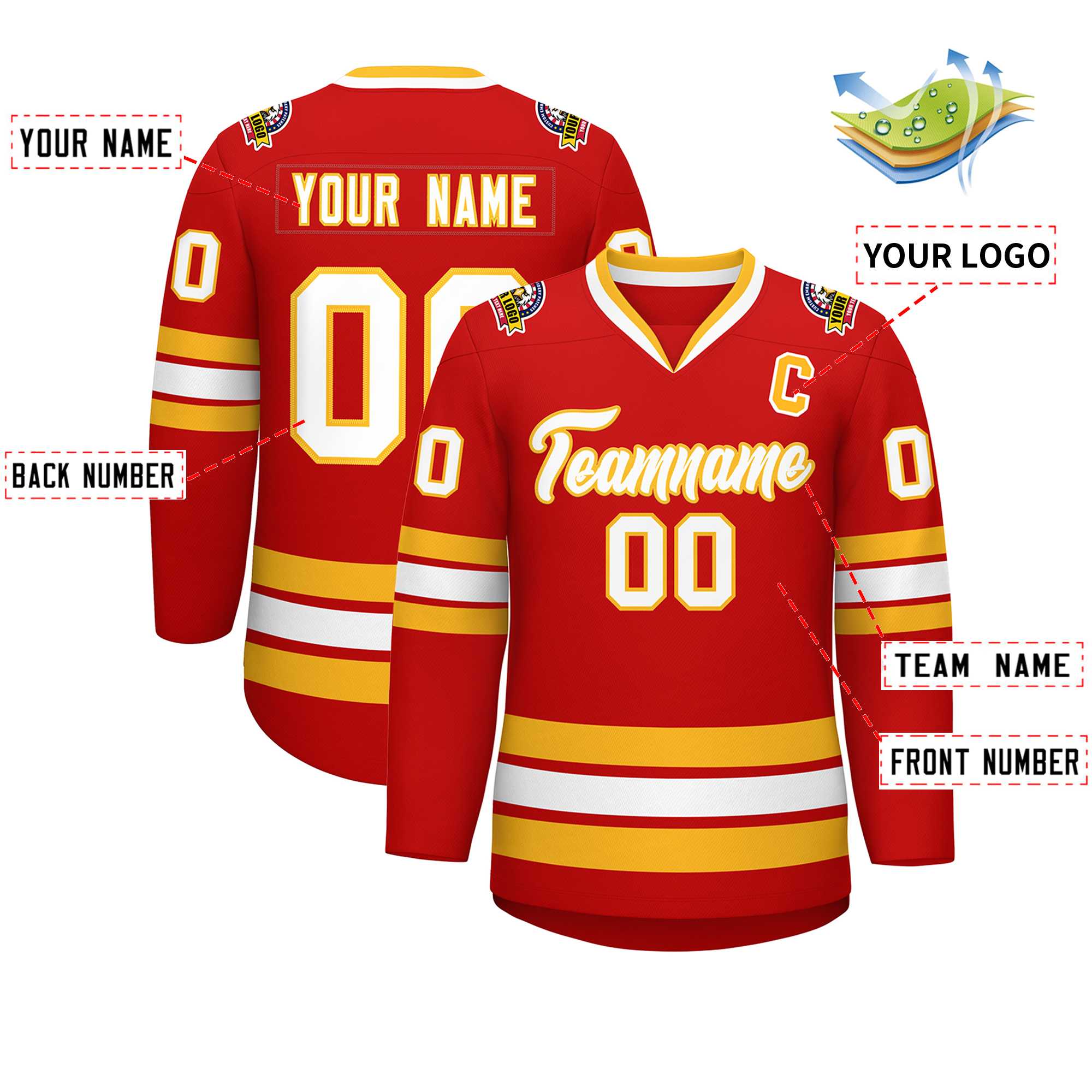 Custom Red White-Gold Classic Style Hockey Jersey