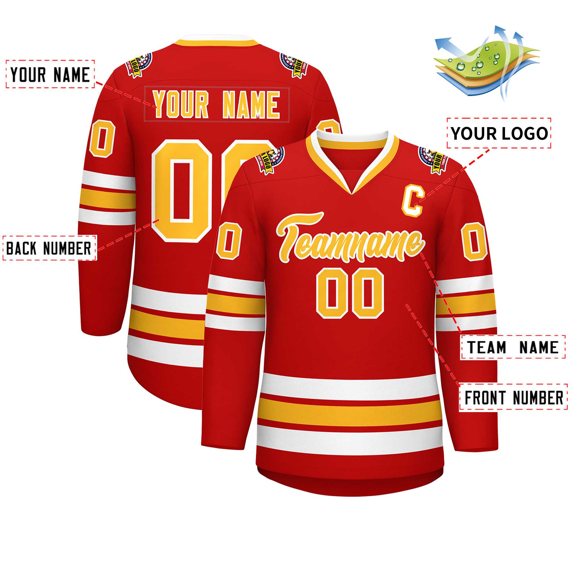 Custom Red Gold-White Classic Style Hockey Jersey