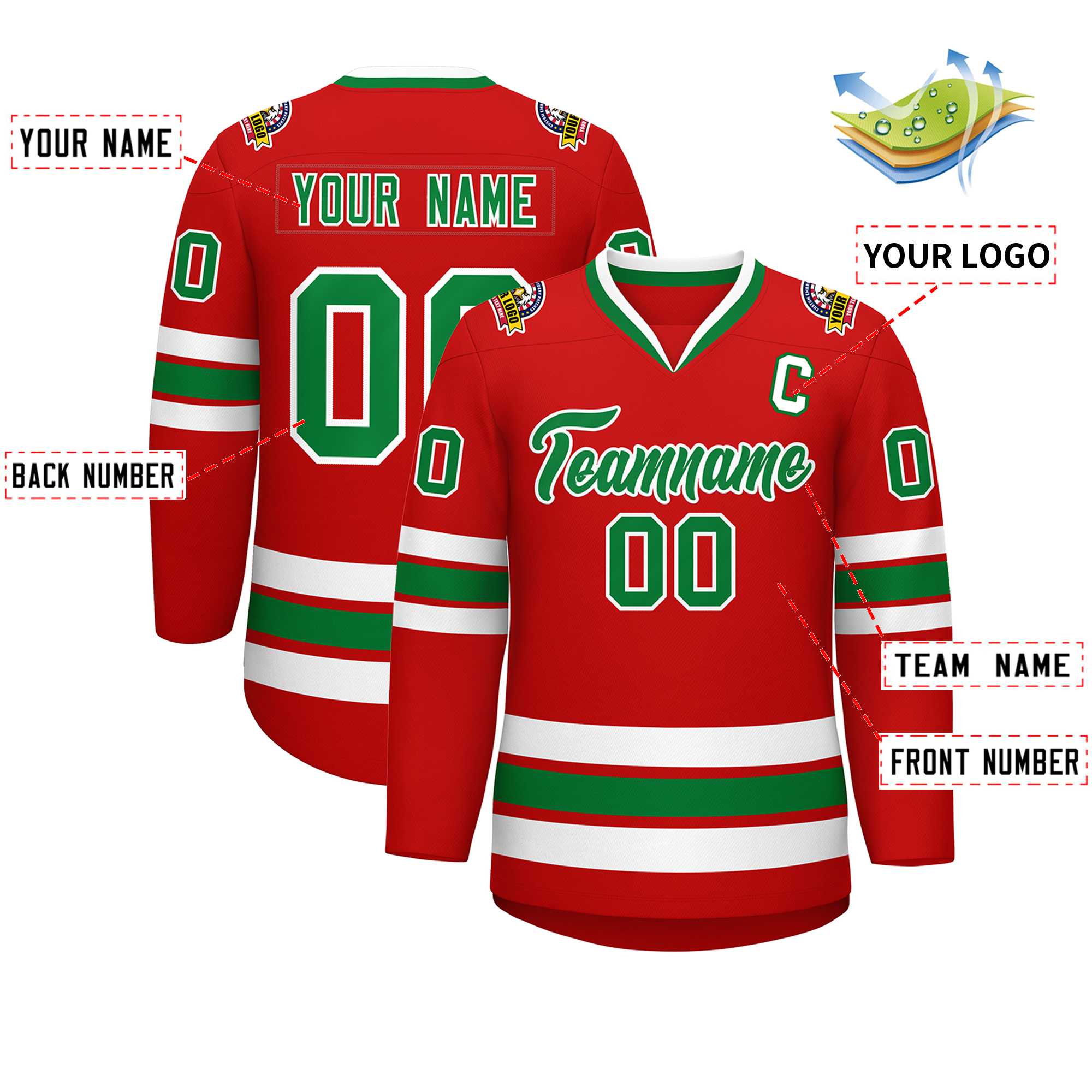 Maillot de hockey de style classique rouge Kelly vert-blanc personnalisé