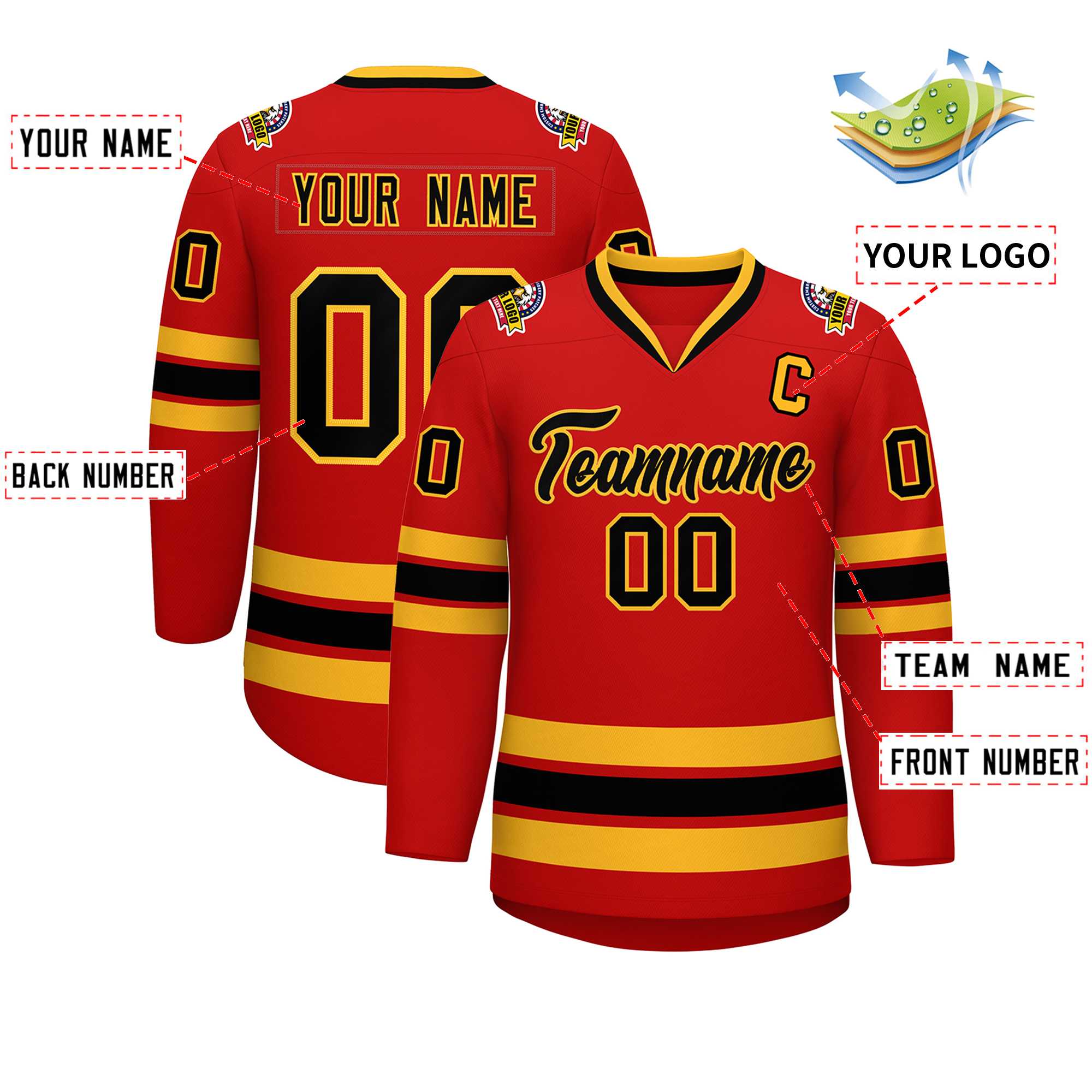 Custom Red Black-Gold Classic Style Hockey Jersey