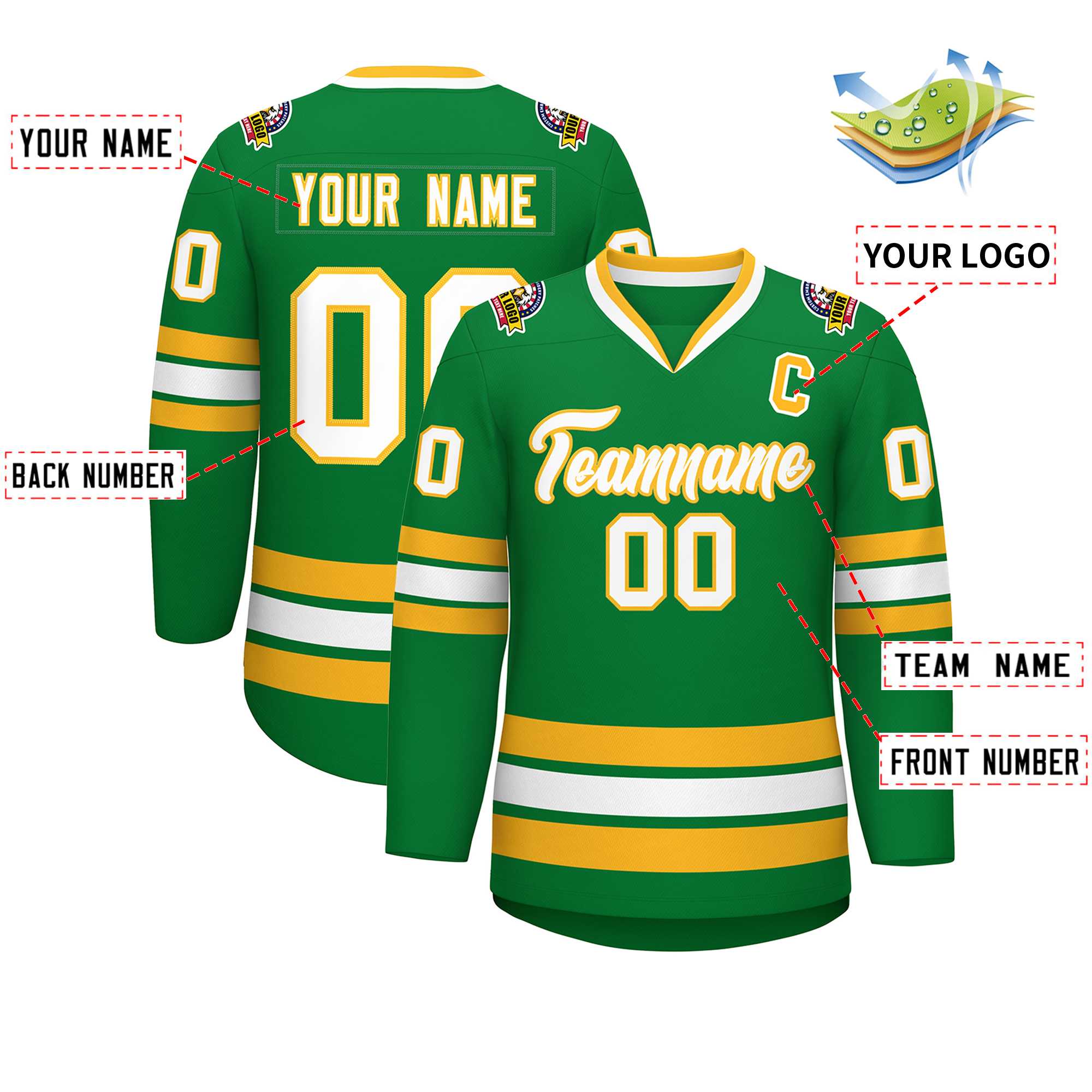 Custom Kelly Green White-Gold Classic Style Hockey Jersey