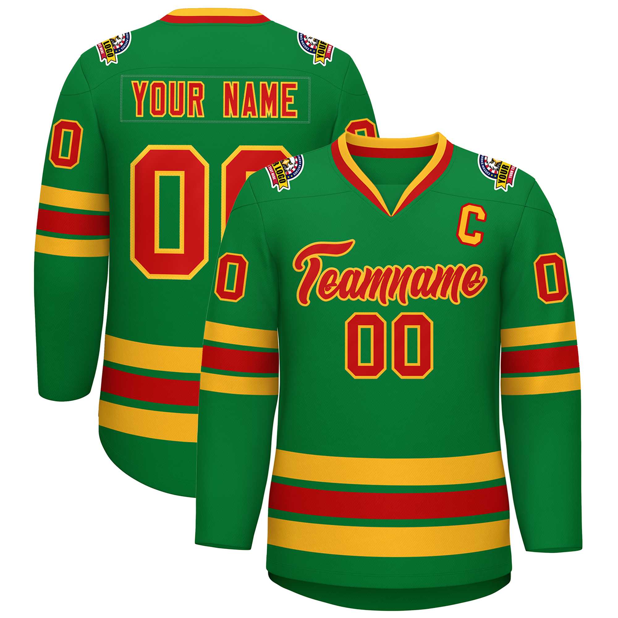 Custom Kelly Green Red-Gold Classic Style Hockey Jersey