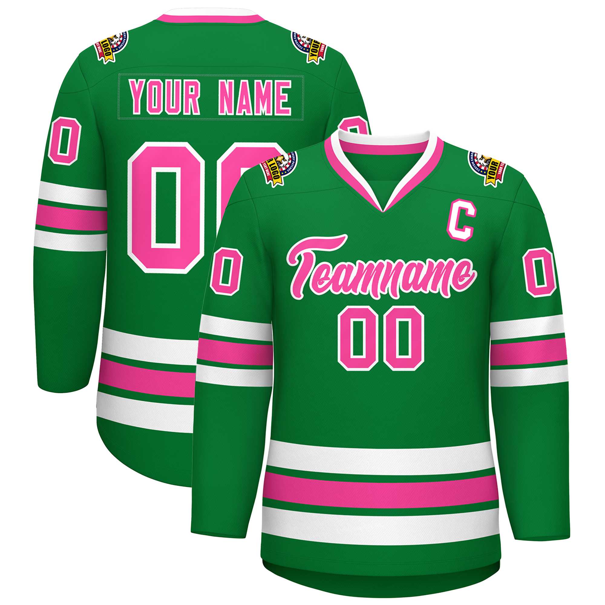 Custom Kelly Green Pink-White Classic Style Hockey Jersey