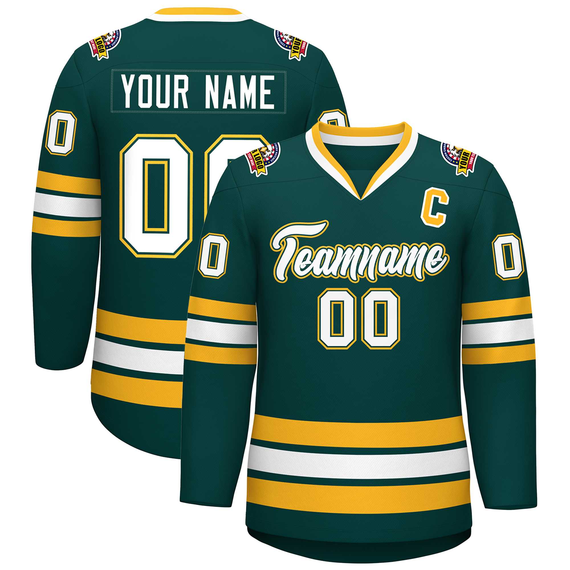 Custom Midnight Green White Olive-Gold Classic Style Hockey Jersey