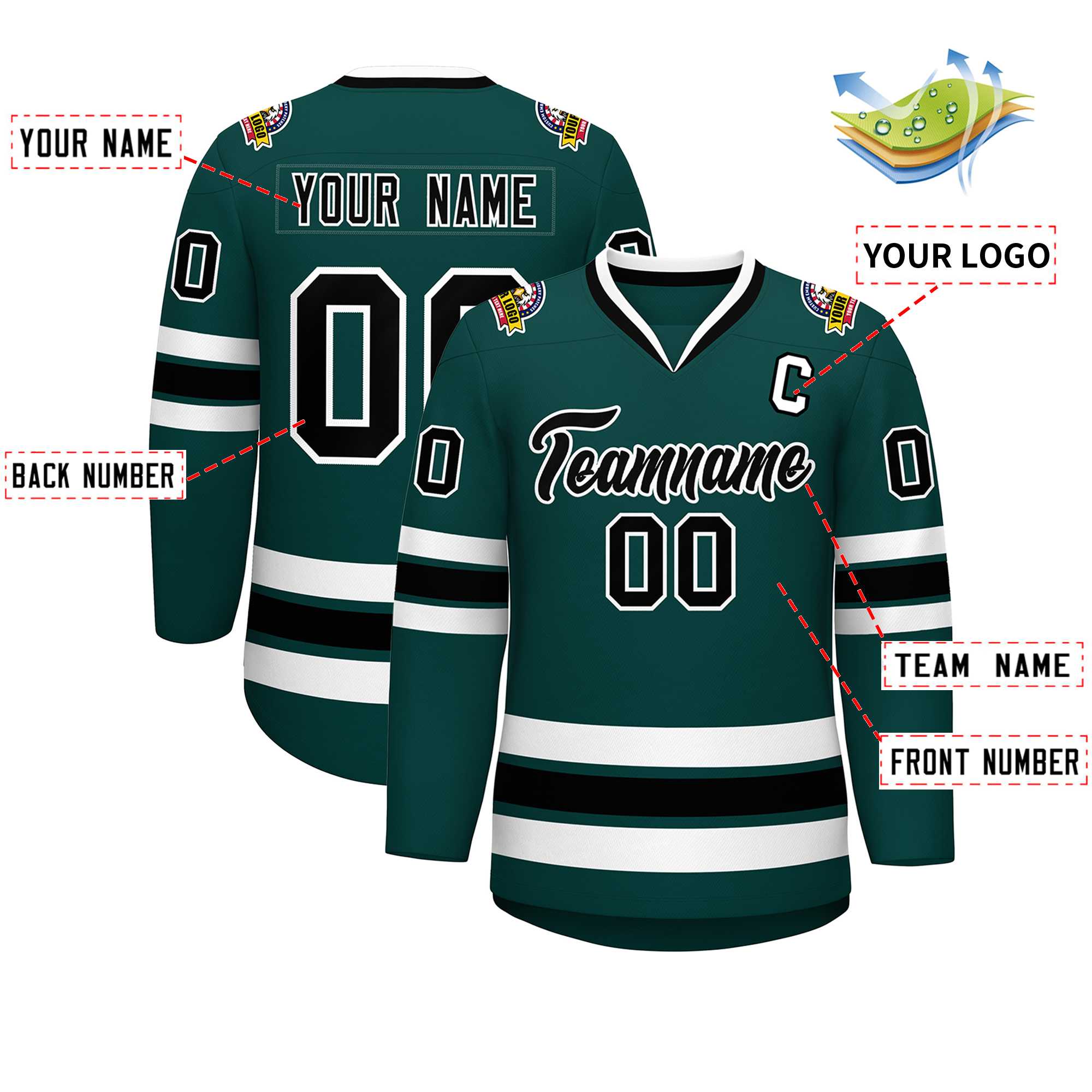 Custom Midnight Green Black-White Classic Style Hockey Jersey