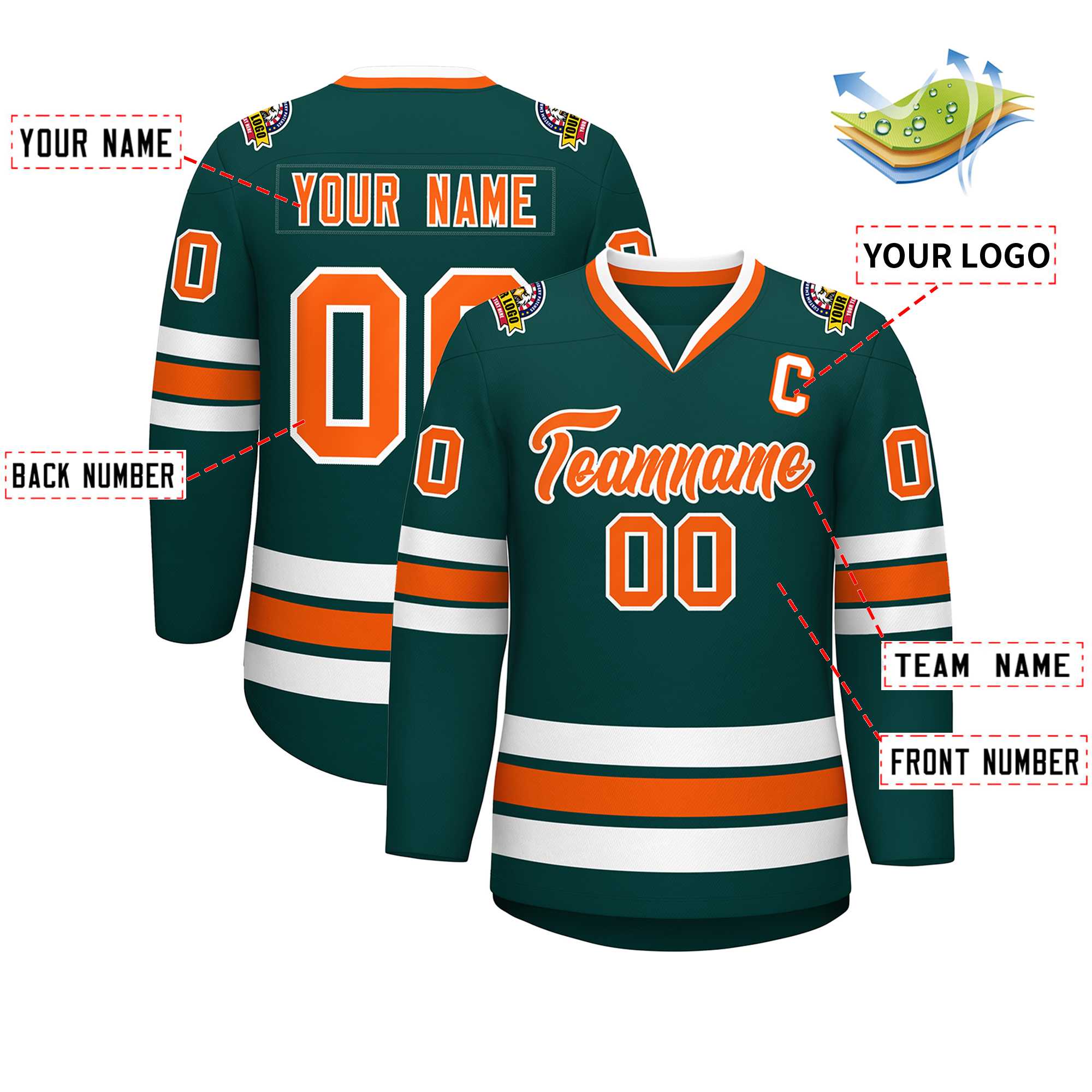 Custom Midnight Green Orange-White Classic Style Hockey Jersey