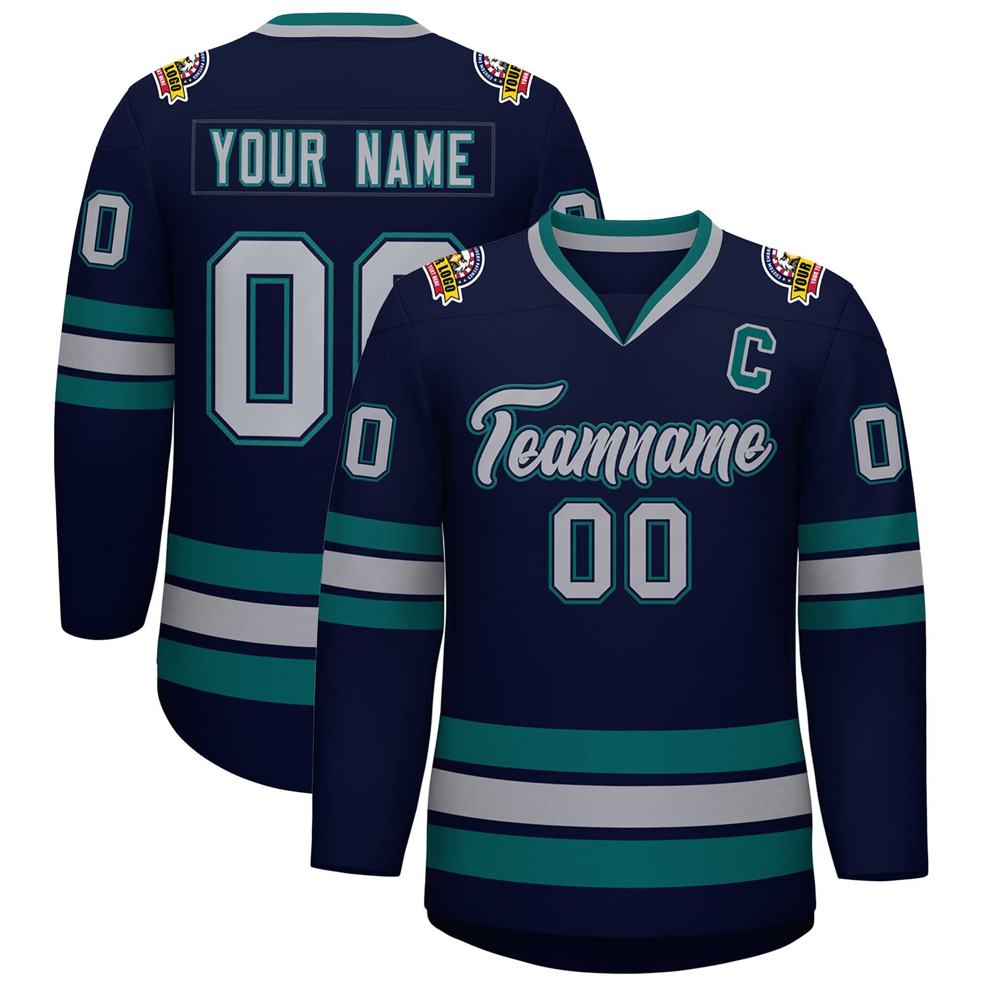 Custom Navy GrayNavy-Aqua Classic Style Hockey Jersey