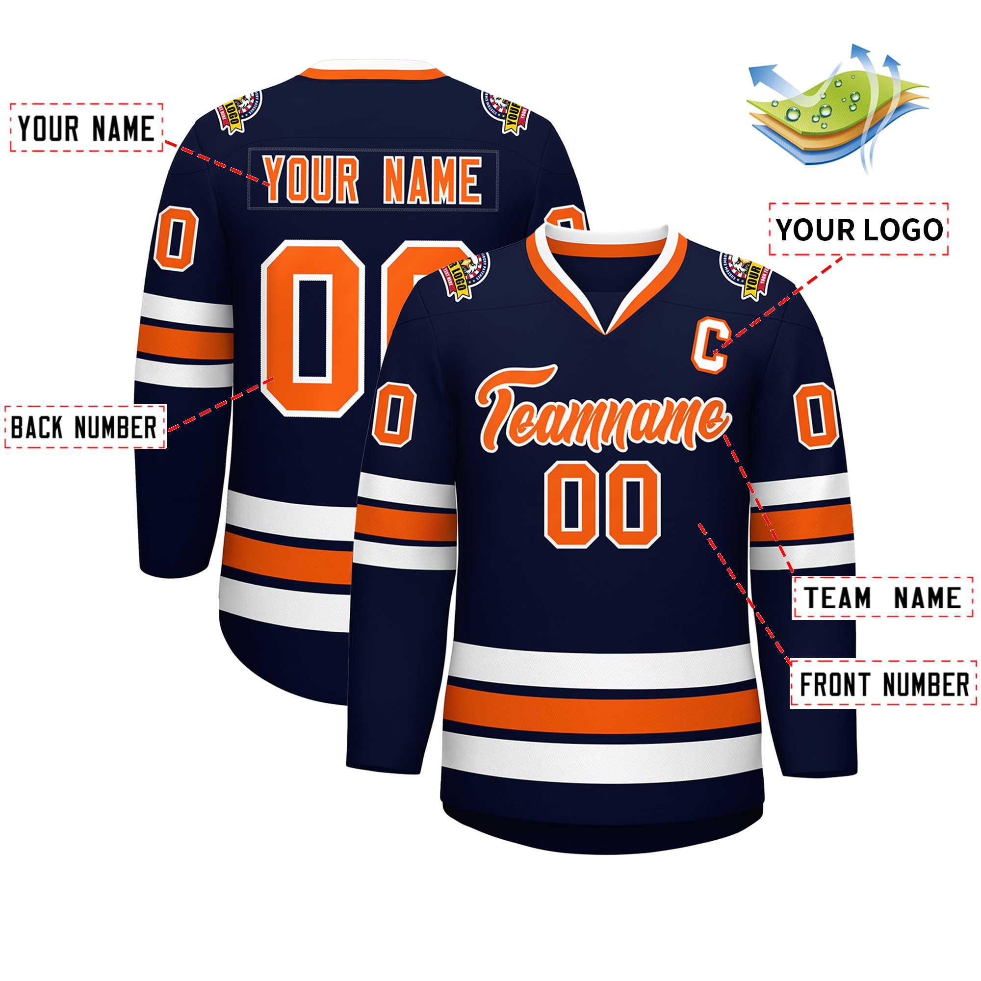 Custom Navy Orange-White Classic Style Hockey Jersey