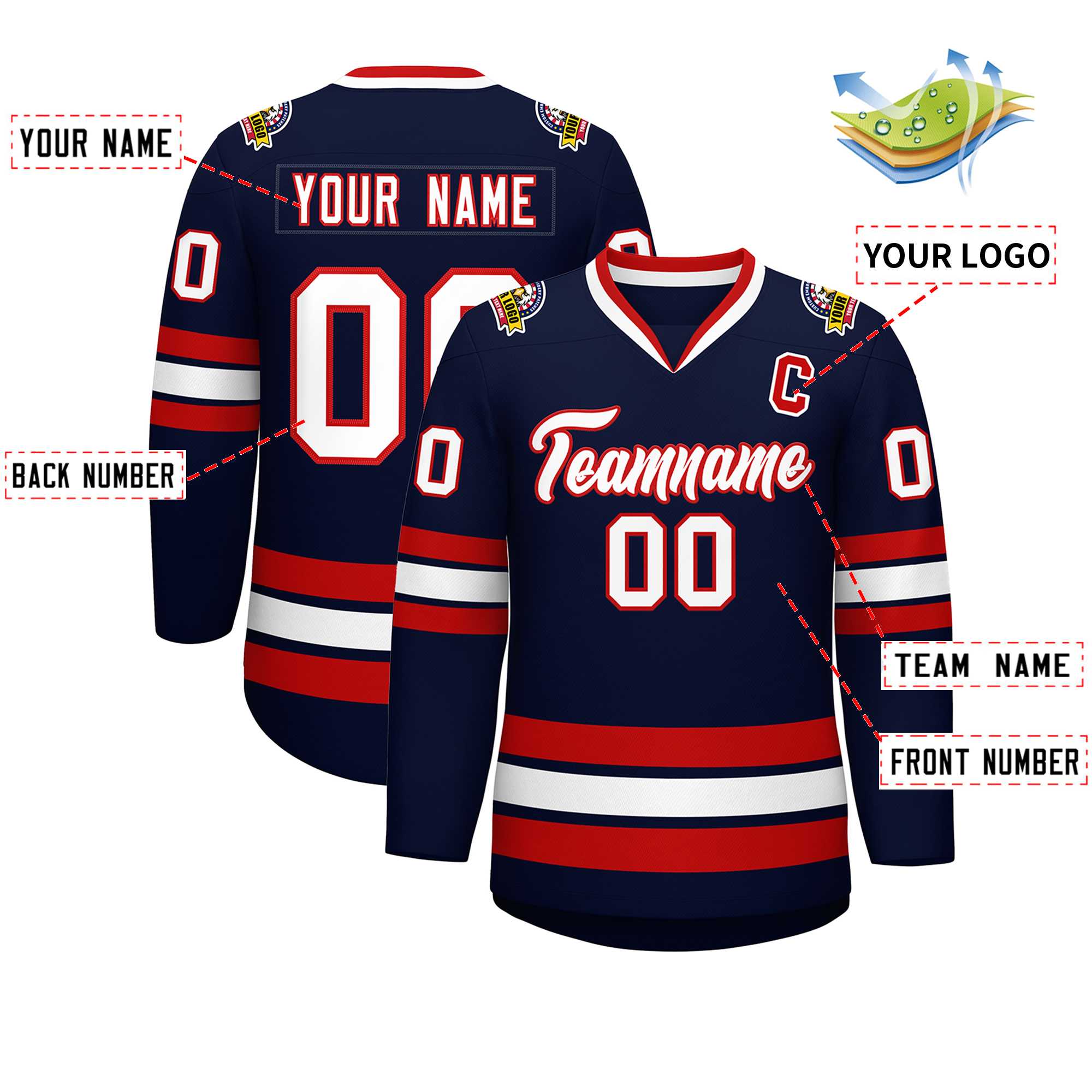 Custom Navy White-Red Classic Style Hockey Jersey