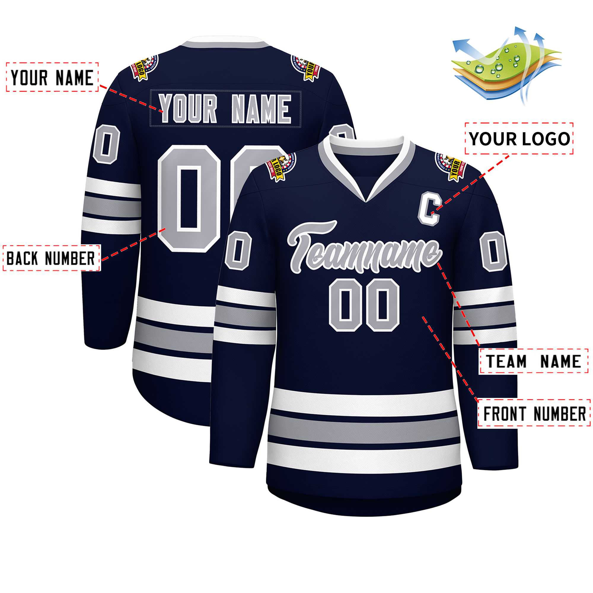 Custom Navy Gray-White Classic Style Hockey Jersey