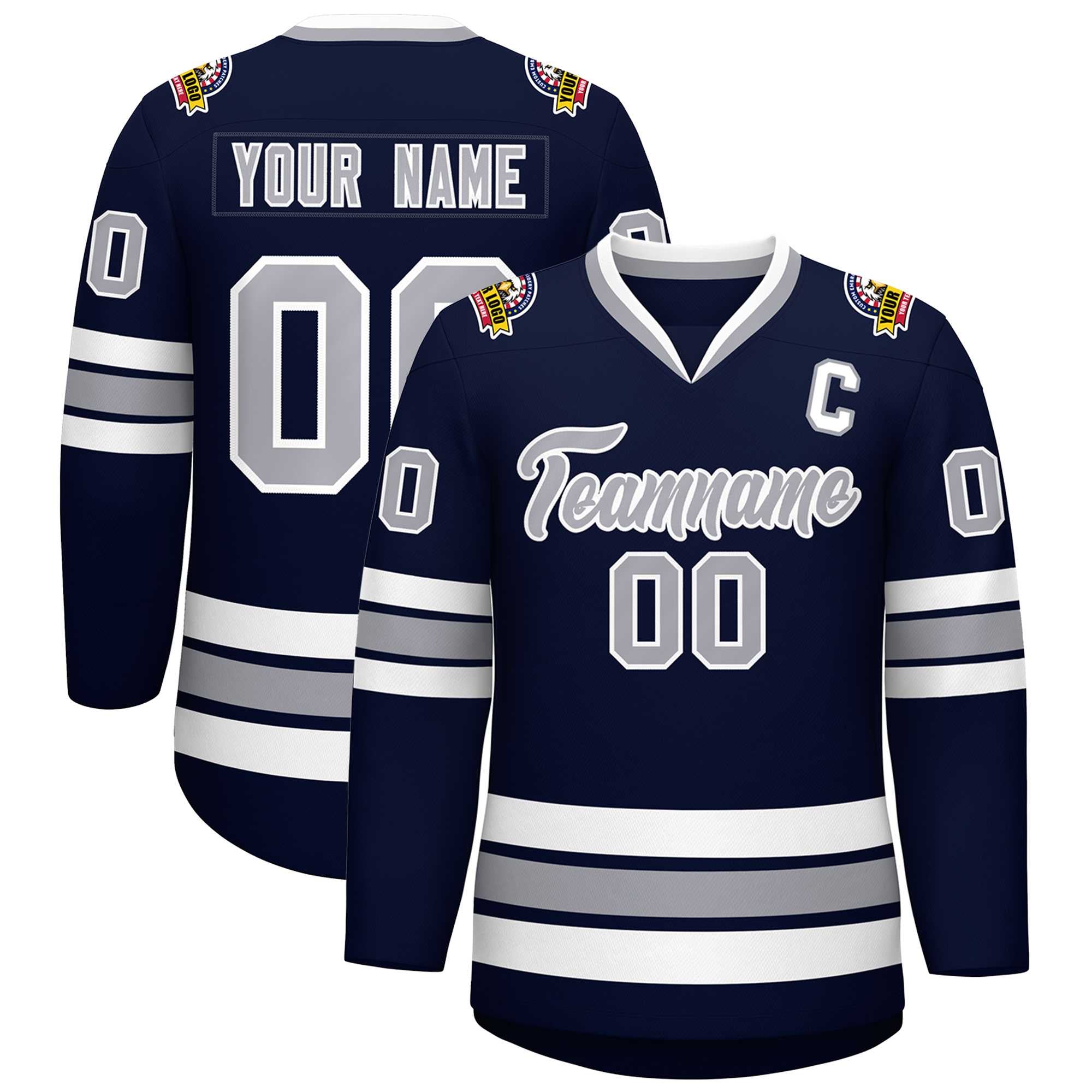 Custom Navy Gray-White Classic Style Hockey Jersey