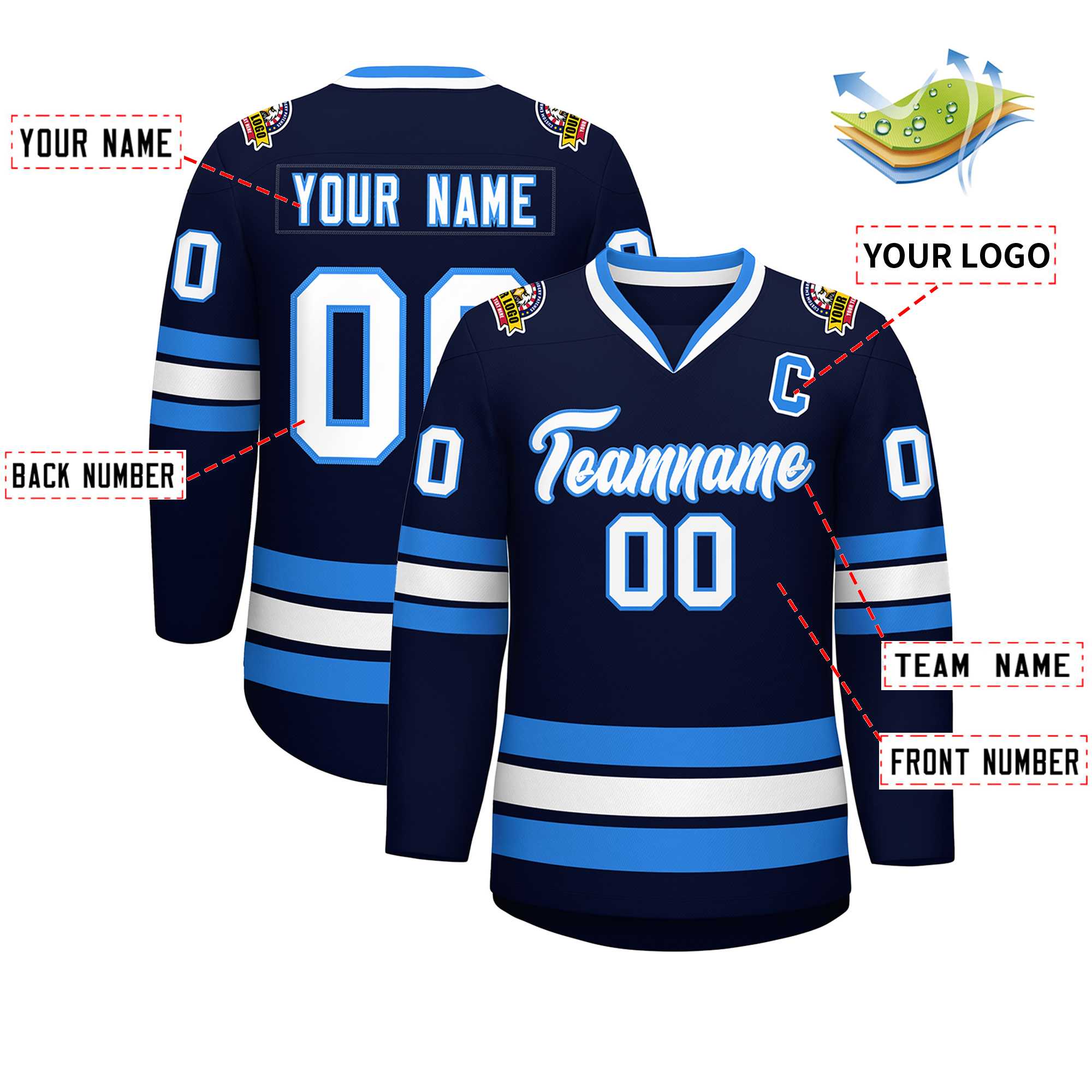 Custom Navy White-Powder Blue Classic Style Hockey Jersey